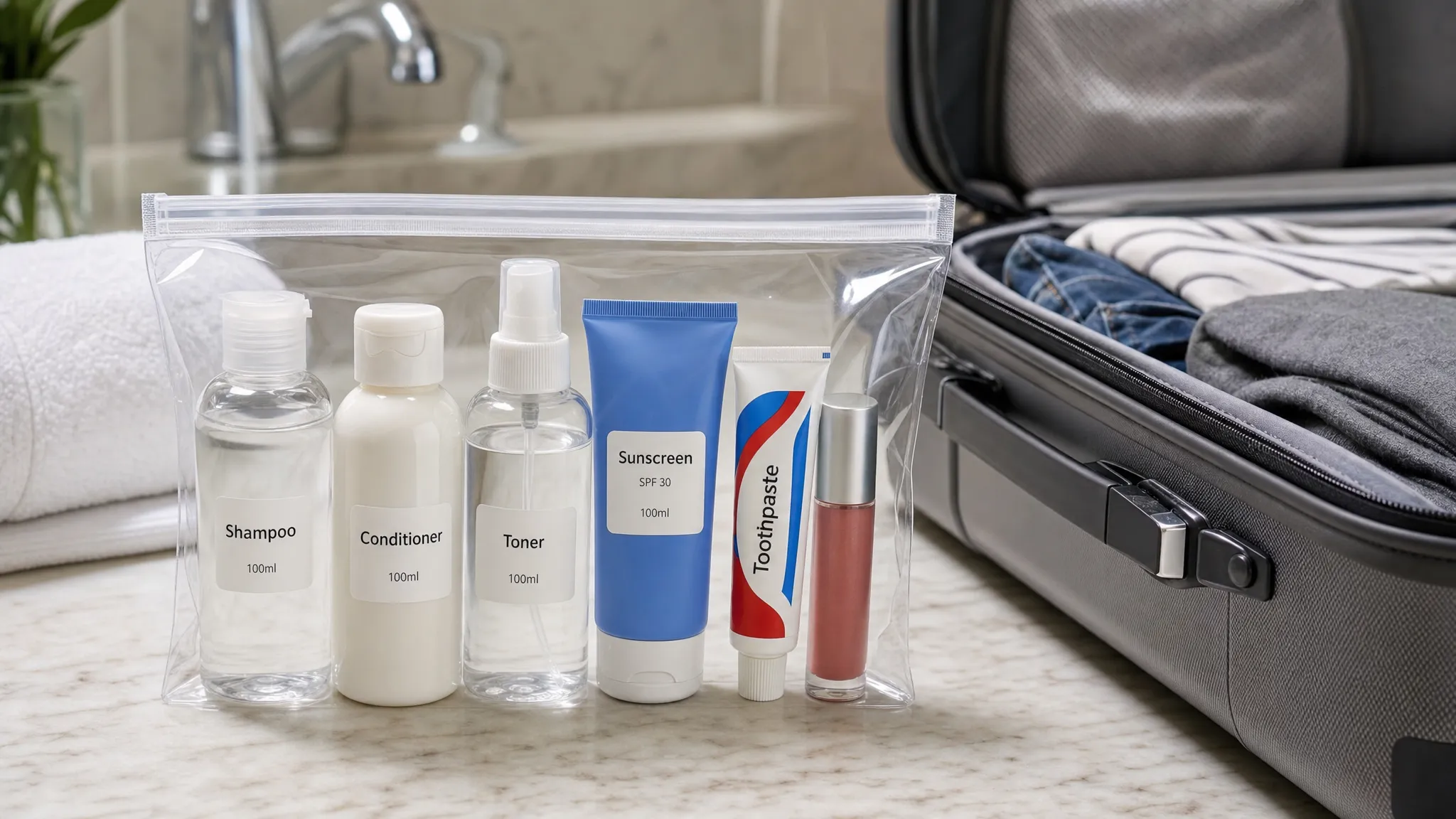 A clear resealable airport liquids bag with small 100ml toiletry bottles, toothpaste, lip gloss, sunscreen, and travel-size shampoo arranged on a bathroom counter beside an open carry-on suitcase.