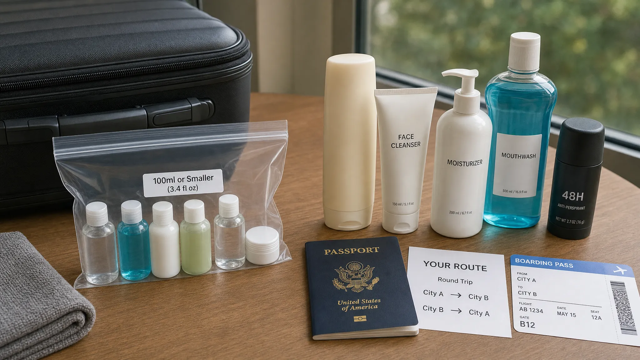A split-route travel planning scene on a tabletop near a window, with two neatly separated groups of toiletries: one group of 100ml-or-smaller travel bottles in a clear resealable liquids bag beside a small carry-on case, and another group of larger full-size toiletries beside a passport, a printed route card, and a boarding pass. The layout suggests comparing the stricter rule for a round trip, with no airport signage or screens visible.
