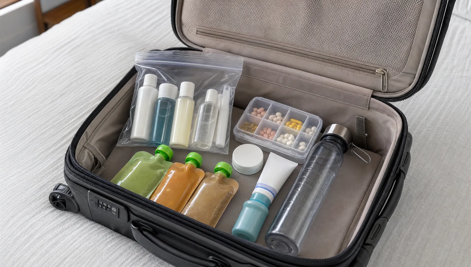 An open carry-on bag on a bed is packed with a clear liquids bag, travel-size toiletries, medicine, baby food pouches, and an empty reusable water bottle.
