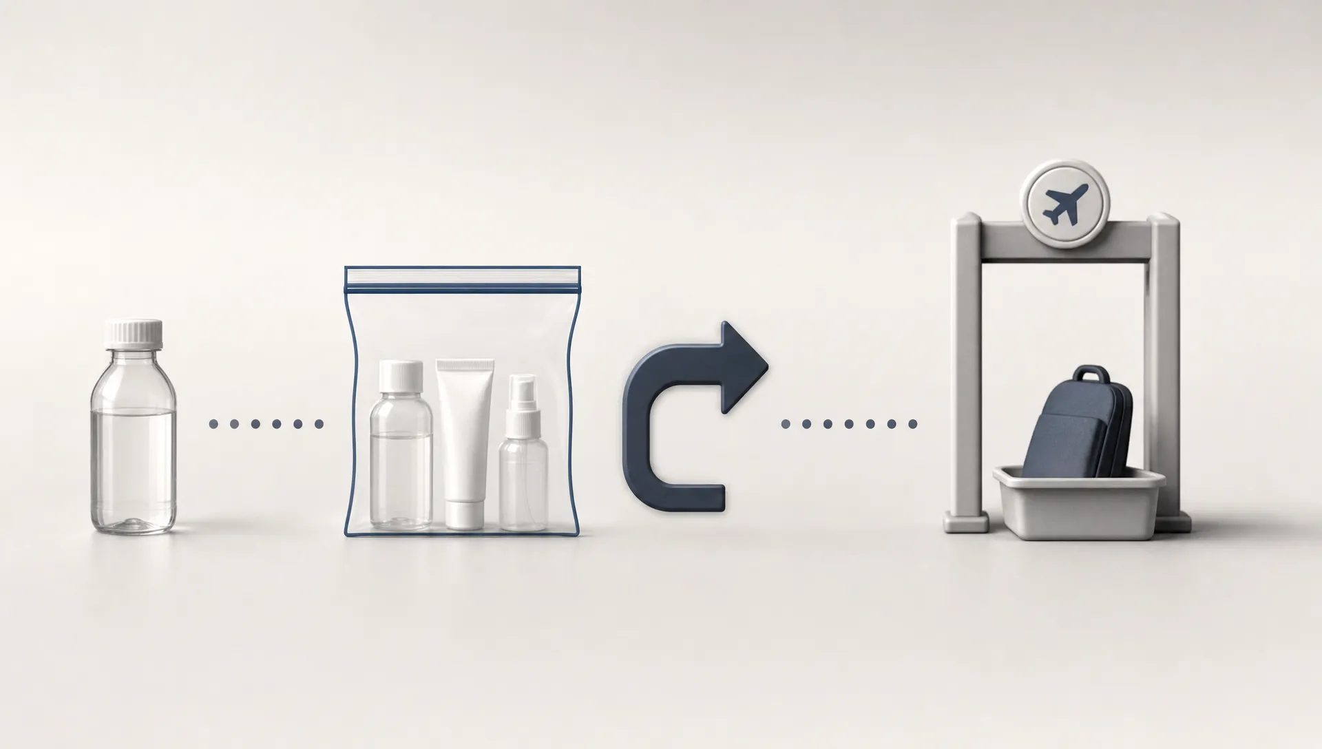 Simple airport rule symbols show a small bottle, a liquids bag, and route arrows for travel.