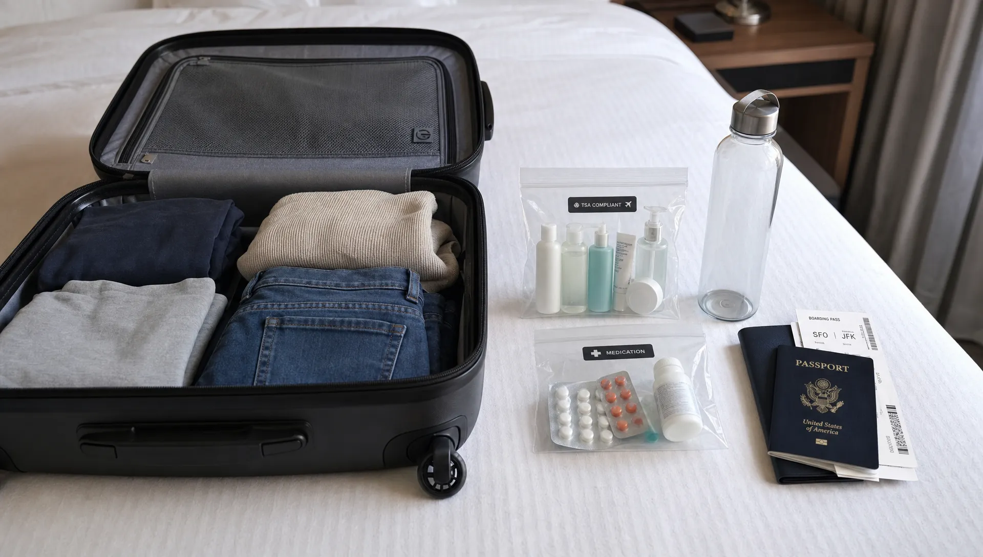 An open carry-on suitcase on a hotel bed, with a clear resealable liquids pouch containing small toiletries, a labeled medicine pouch, an empty reusable water bottle, and travel documents arranged beside it.
