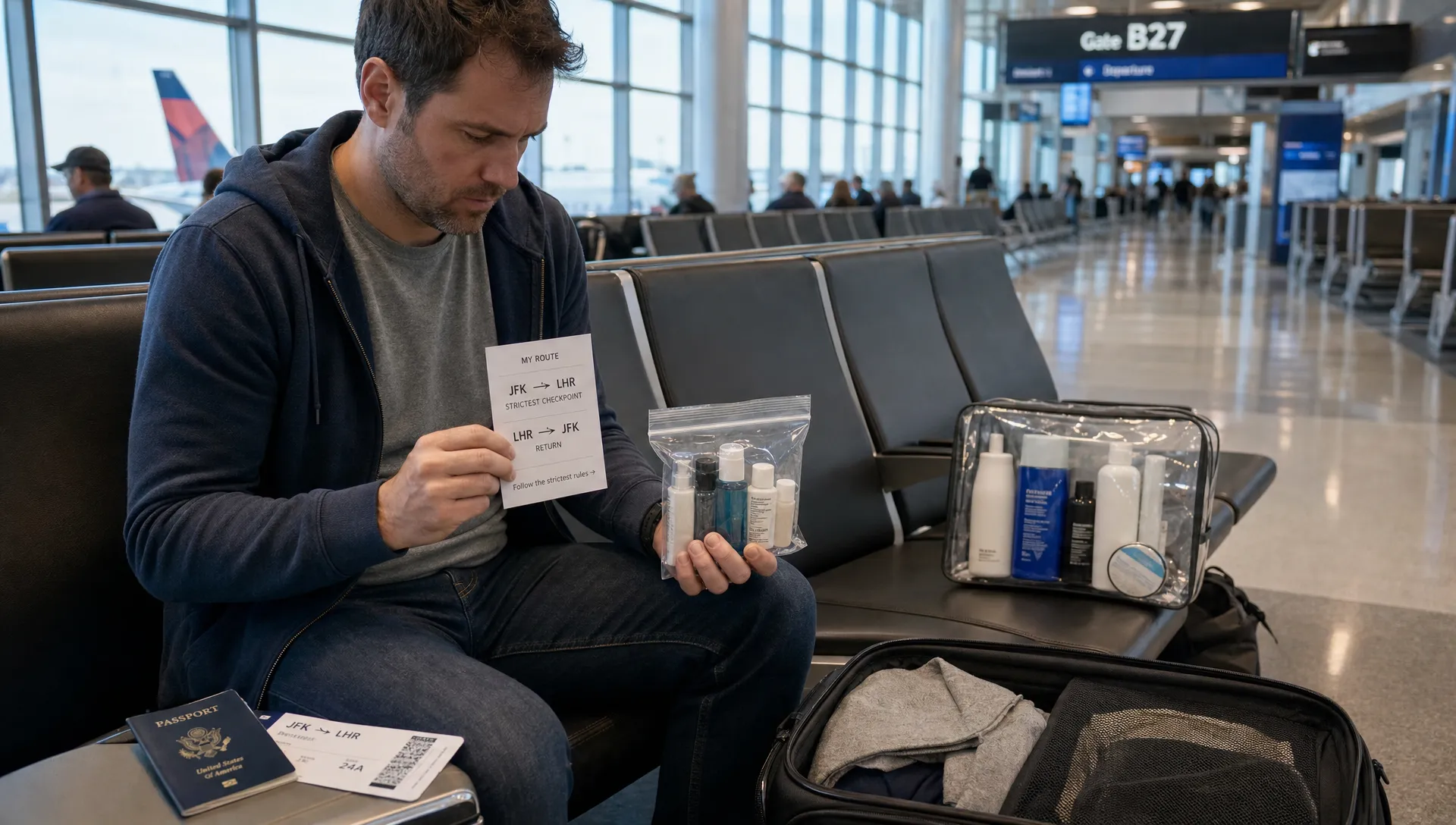 A landscape scene inside an airport terminal seating area where a traveler is checking a small printed route card against a clear liquids pouch, with a second pouch containing larger toiletries placed farther away on the seat. An open carry-on sits on the floor beside a passport and boarding pass, and the background shows out-of-focus departure seating and a distant gate area, emphasizing preparing for the strictest checkpoint on a route with a return flight.