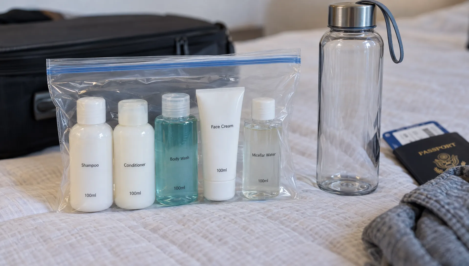 Several toiletries marked 100ml sit inside a transparent resealable bag beside an empty reusable water bottle, ready for hand luggage.