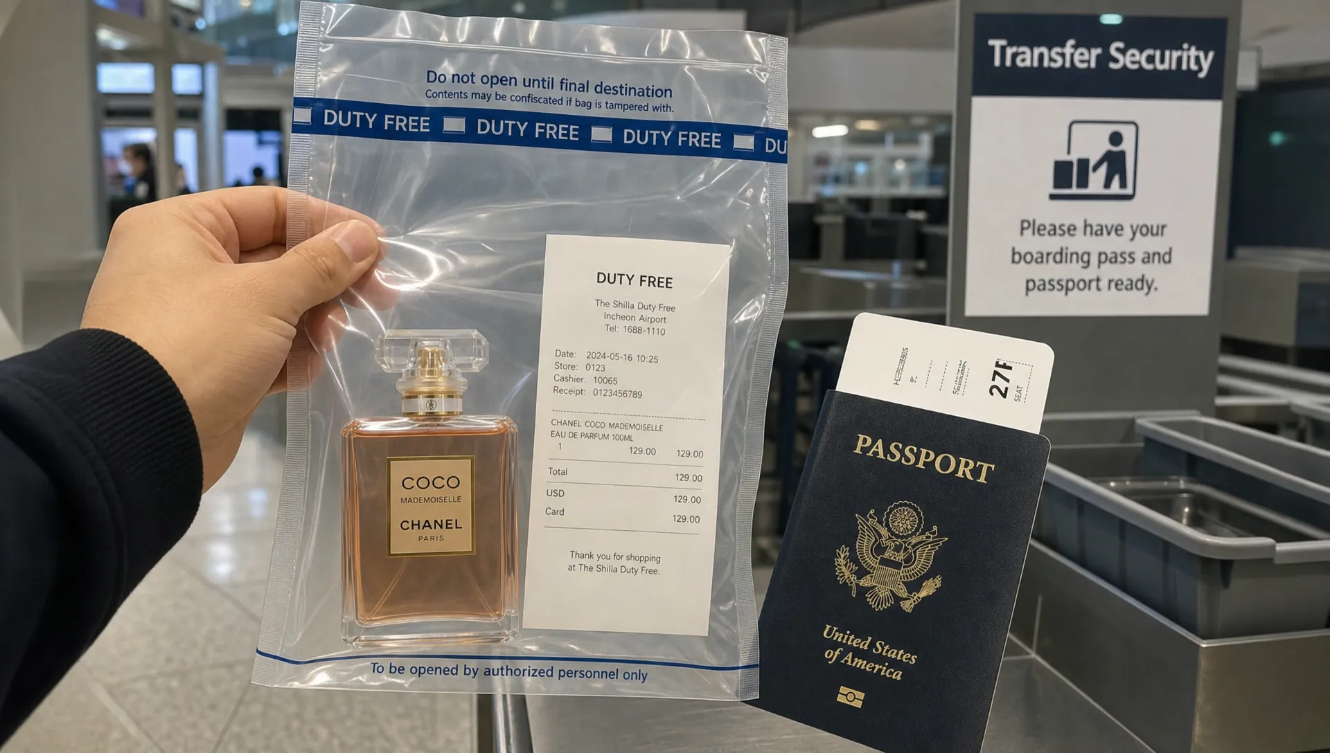 A sealed transparent duty-free security bag containing a perfume bottle and a visible receipt, held up at a transfer security checkpoint beside a boarding pass and passport.