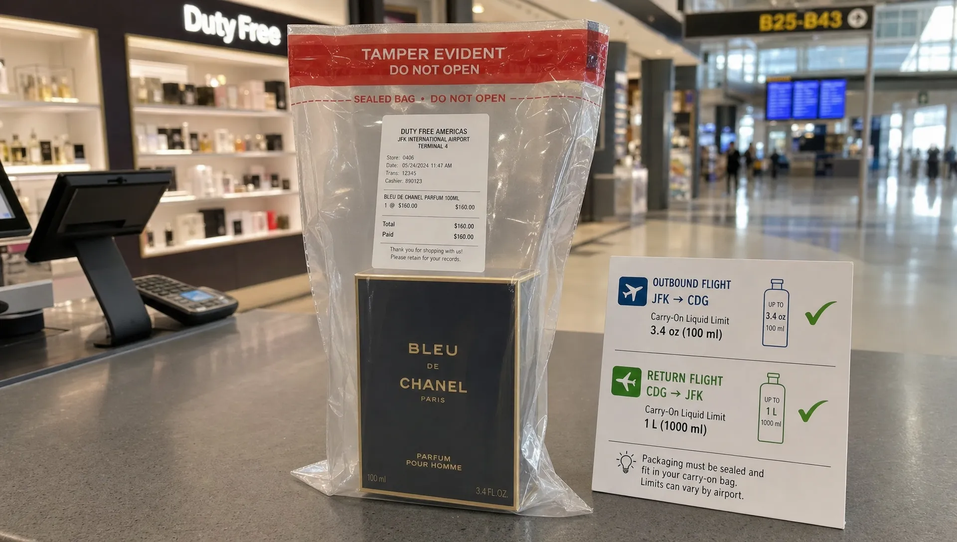 A landscape scene of a duty-free shop display after security, centered on a single sealed perfume bottle standing upright in a clear tamper-evident security bag with a visible receipt, with a checkout counter and a softly focused airport concourse behind it. A small route card beside the bag shows an outbound flight and a return flight with different liquid limits, making the image feel like a trip-planning decision about whether the purchase will still be allowed later. No dominant person in the frame.