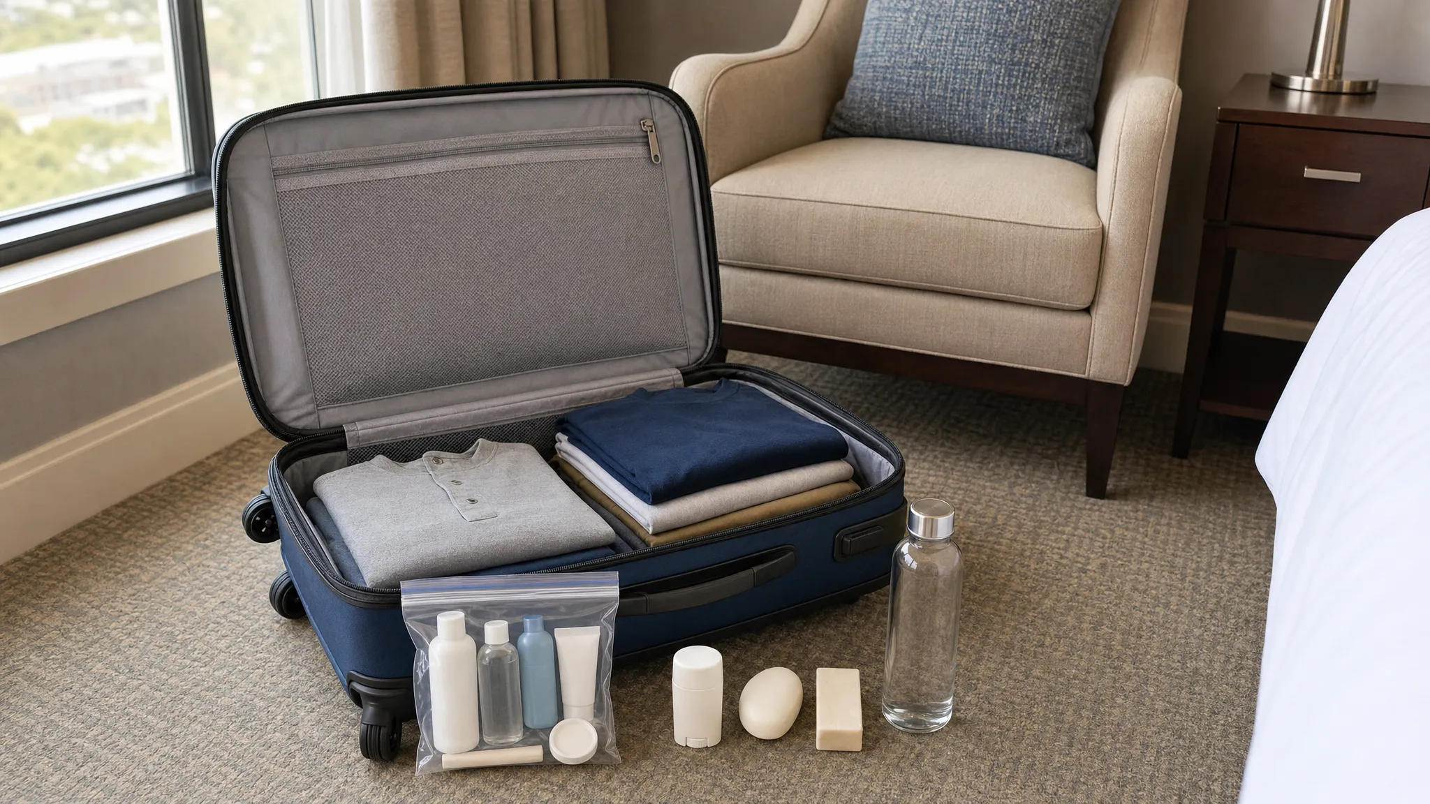 An open carry-on suitcase by a hotel room chair with a clear resealable toiletry bag, small travel-size bottles, solid toiletries, folded clothes, and an empty reusable water bottle arranged neatly for airport security.