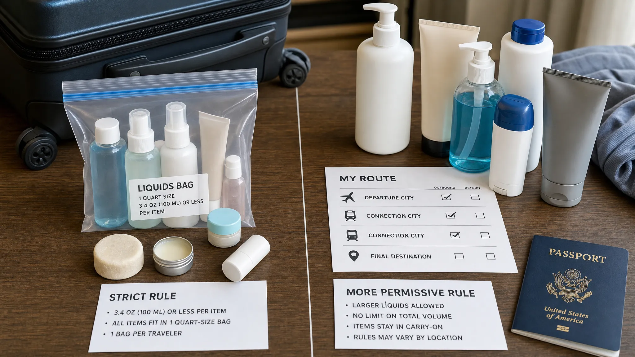 A split tabletop travel-planning scene showing two different liquid-rule outcomes for the same trip: on one side, a clear resealable liquids bag with travel-size toiletries and a few solid personal care items; on the other, larger toiletries grouped beside a printed route checklist and a passport. The layout feels like comparing strict and more permissive checkpoint rules, with a carry-on suitcase nearby and no airport signage or screens visible.