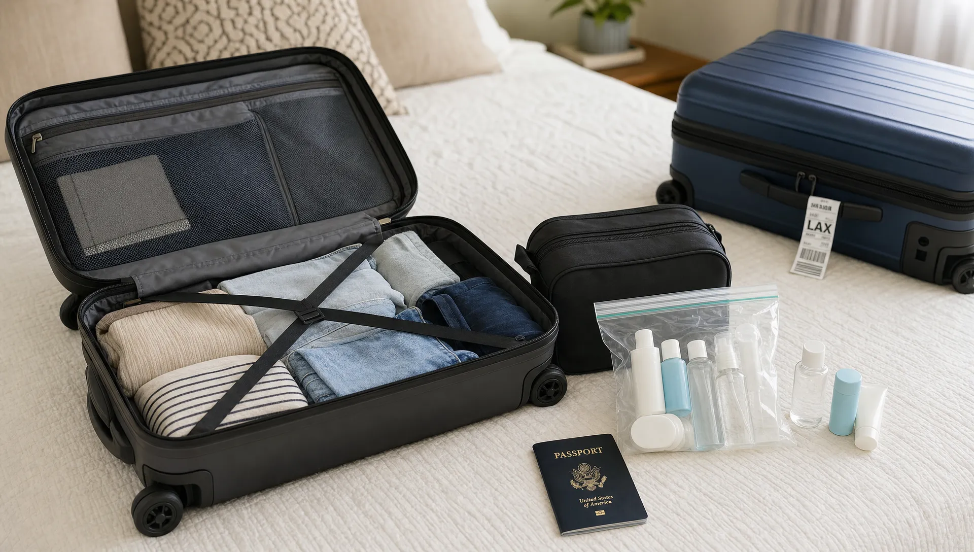 An open carry-on suitcase on a bed sits beside travel-size toiletries, a clear liquids bag, and checked luggage for a flight.