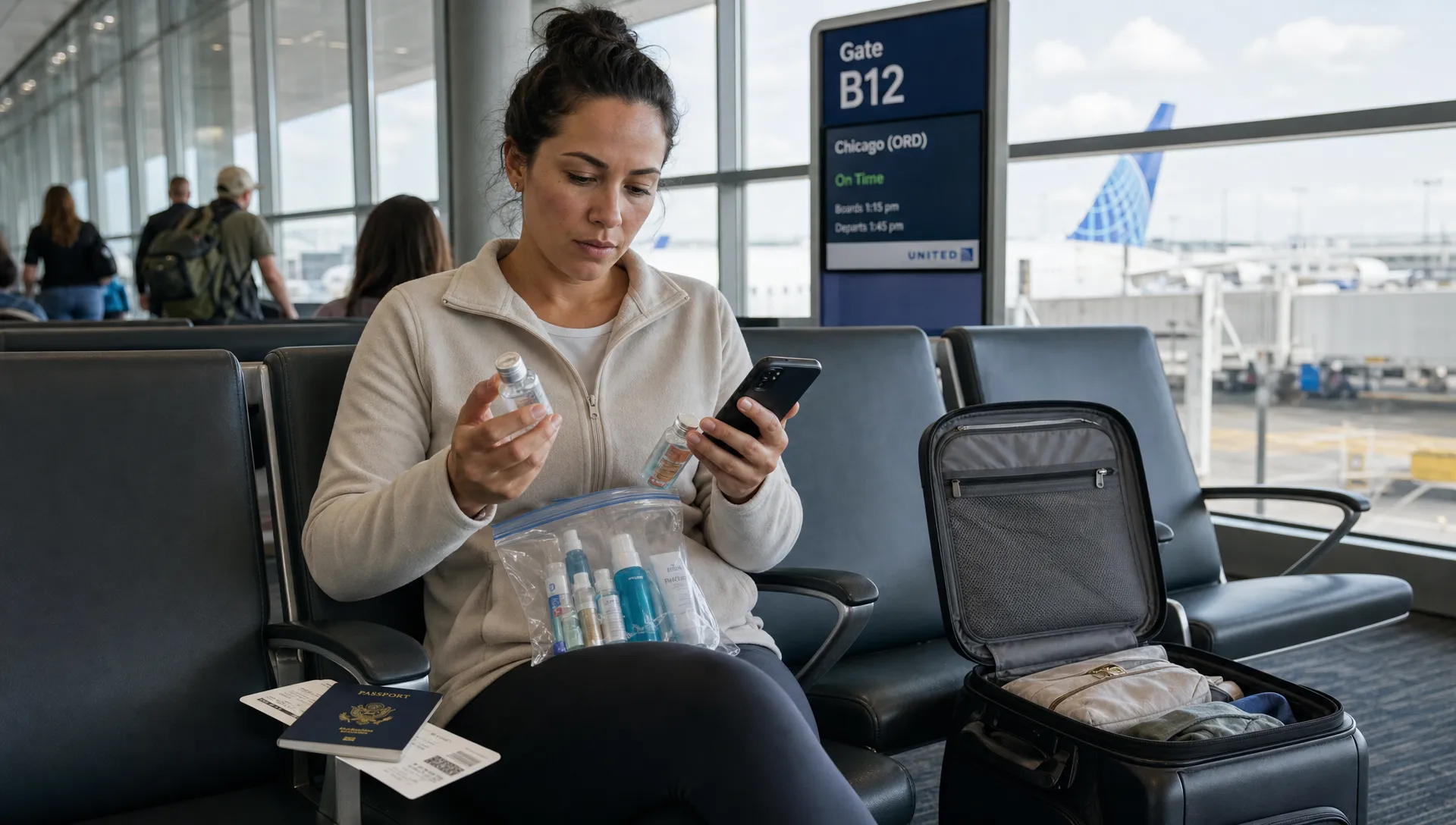 A traveler repacks toiletries at a gate seat while checking flight details and the cabin liquid limit.