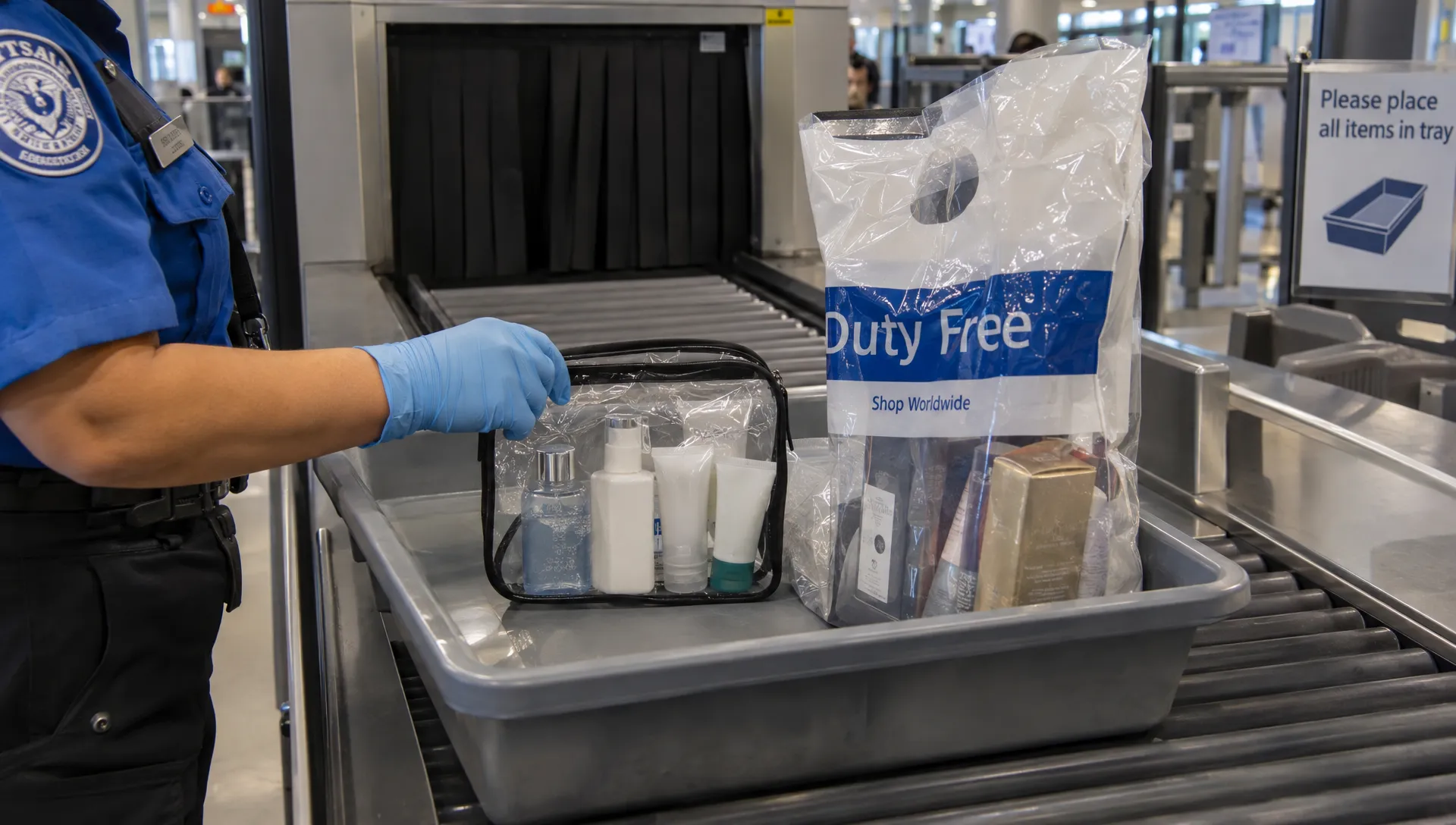 A security officer checks a toiletries pouch and sealed duty-free bag beside a carry-on tray at a transfer checkpoint.