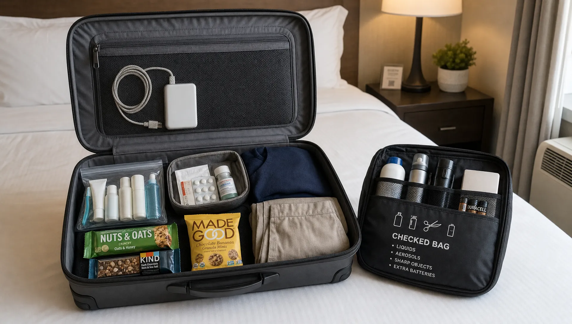 An open suitcase on a hotel bed with travel-size toiletries, a power bank, medicine, snacks, and a separate pouch for checked-bag items arranged into clear packing categories.