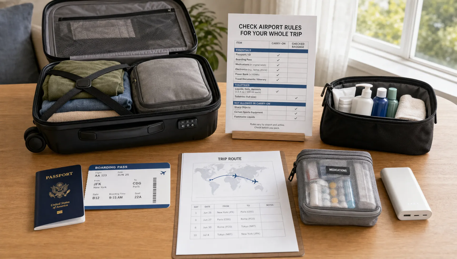 A wide view of a traveler’s packing area with an open suitcase, a passport, a boarding pass, a printed route checklist, a small medicine pouch, a power bank, and a separate pouch for full-size toiletries arranged on a clean table. The layout emphasizes checking different airport rules for a whole trip, with the items grouped as carry-on essentials on one side and baggage-only items on the other, in a calm home setting with natural window light.