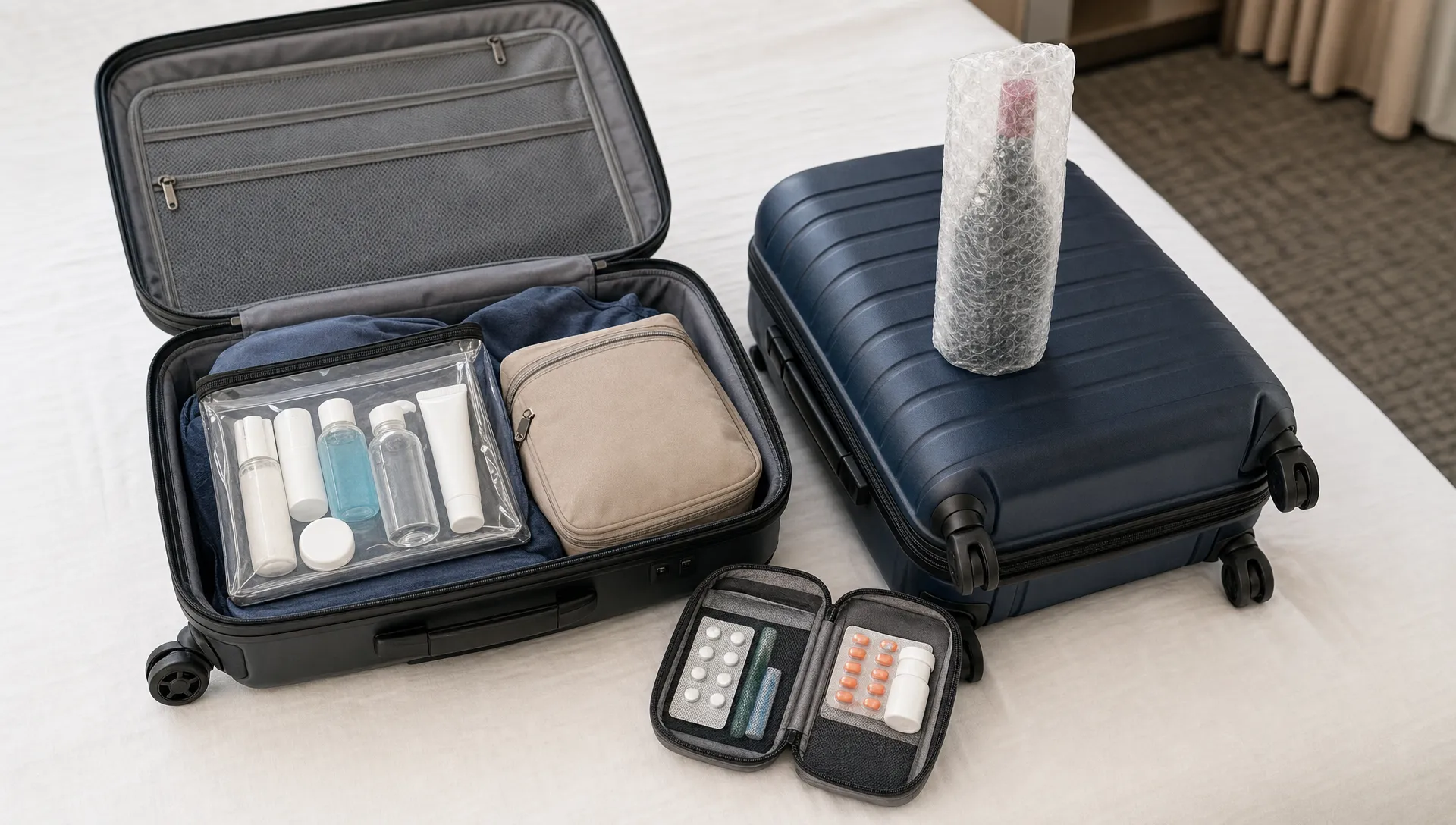 An open carry-on beside a checked suitcase, with a clear liquids bag, small toiletries, a medicine pouch and a wrapped full-size bottle arranged for packing.