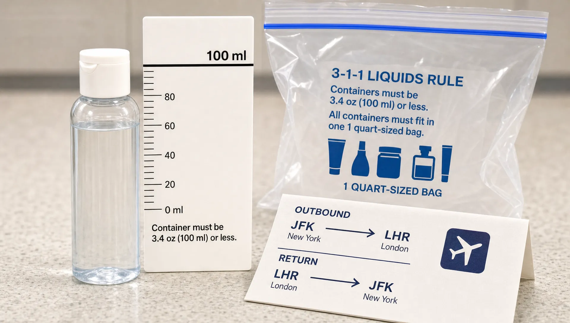 Travel bottle beside a 100 ml marker and route card for cabin liquid rules.