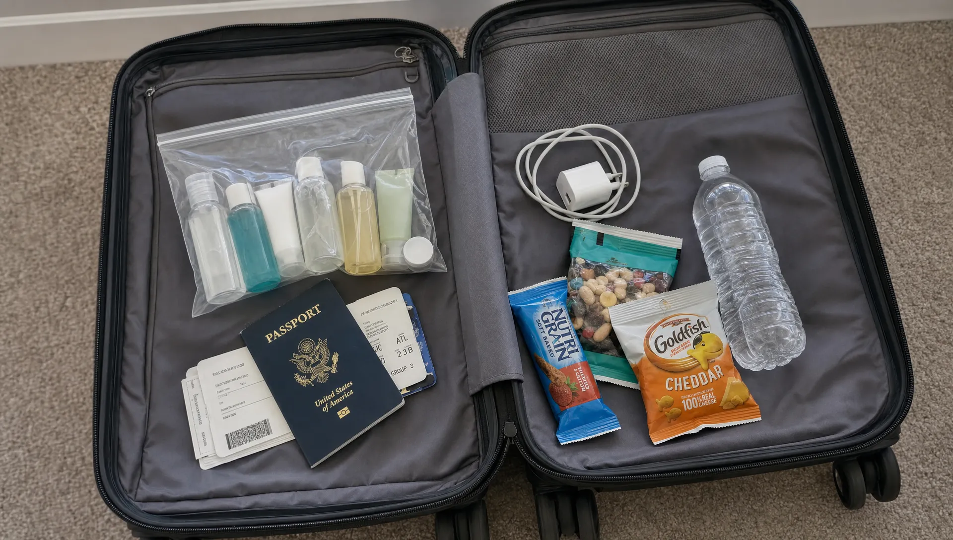 An open carry-on shows a clear liquids bag beside travel documents, a phone charger, snacks and an empty water bottle.