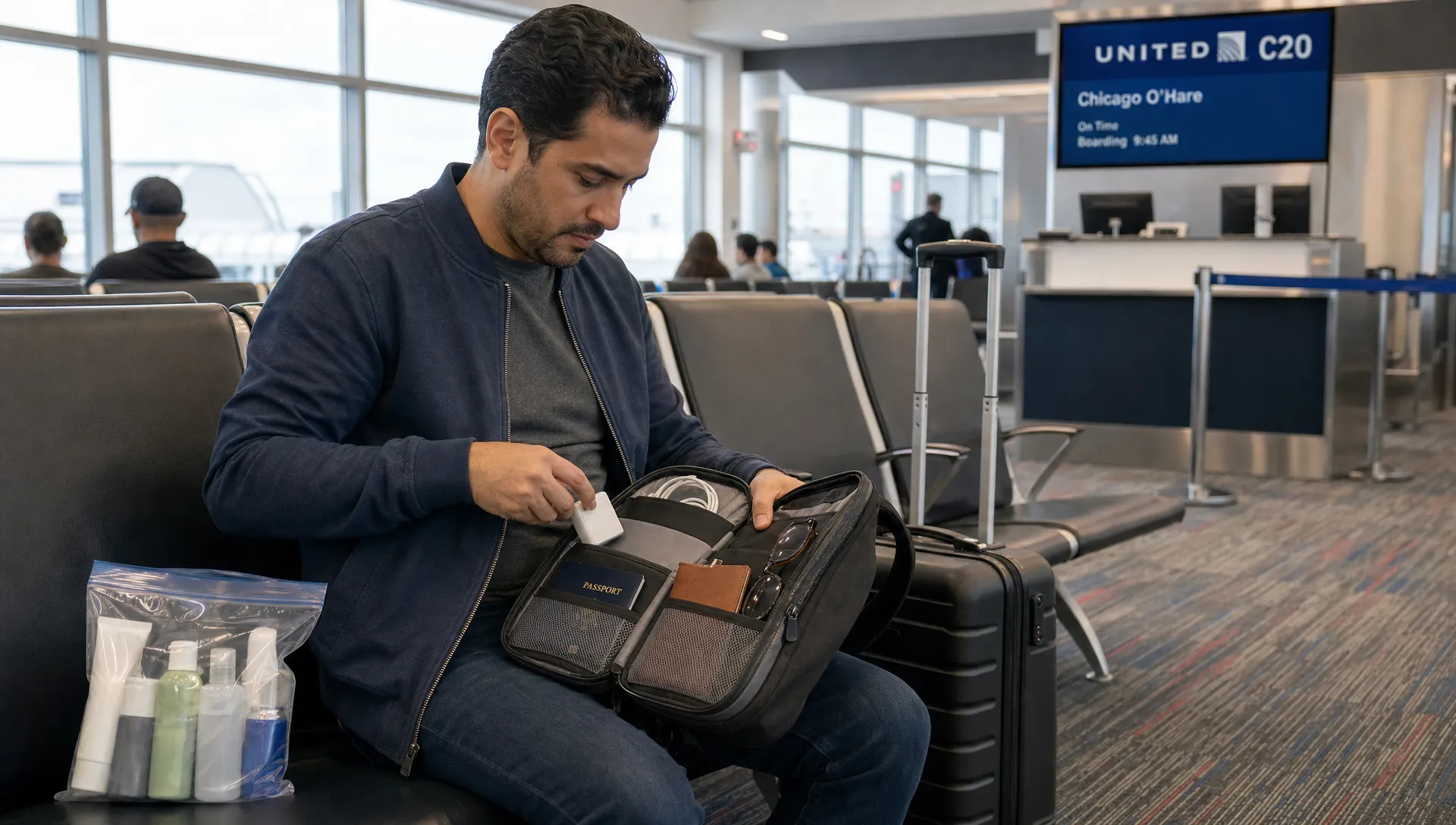 A traveler repacks a carry-on at a gate seat, keeping solid toiletries and travel essentials close at hand.