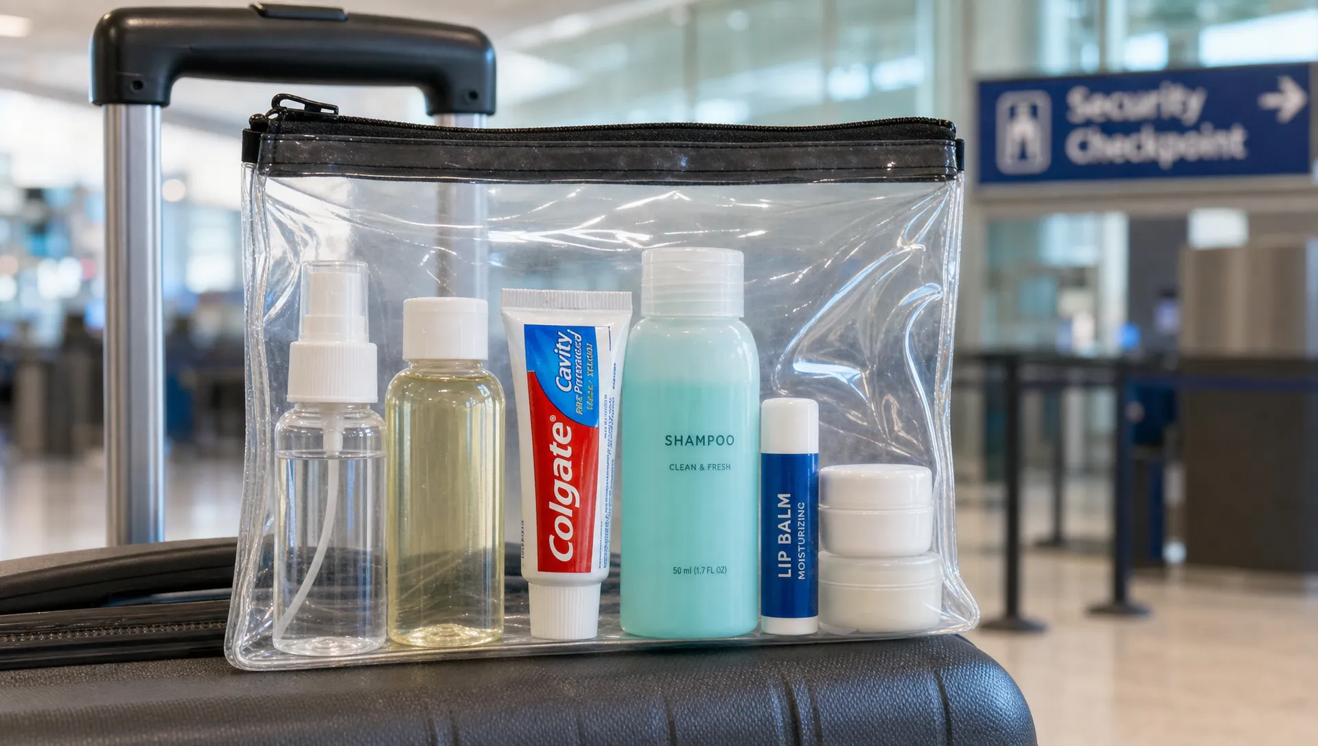 A clear airport liquids bag on a suitcase containing a small toothpaste tube, travel shampoo, lip balm, and other mini toiletries ready for security screening.