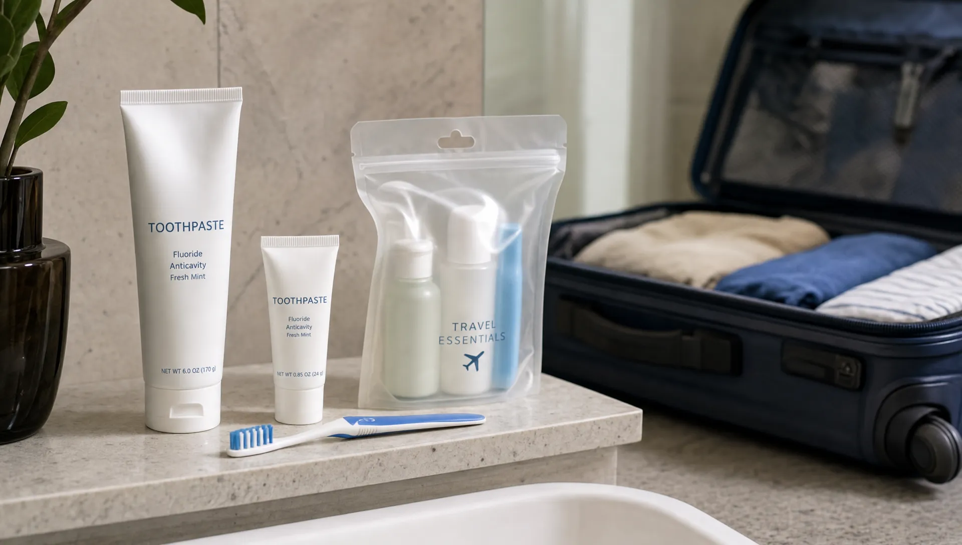 A landscape scene of a bathroom shelf or hotel sink area with a full-size toothpaste tube beside a small travel-size tube, a toothbrush, and a sealed toiletries pouch, with one tube clearly set apart to suggest the carry-on size decision. A compact suitcase is partially open in the background, and the setting feels like a travel-ready packing choice rather than an airport checkpoint or liquids-bag table.