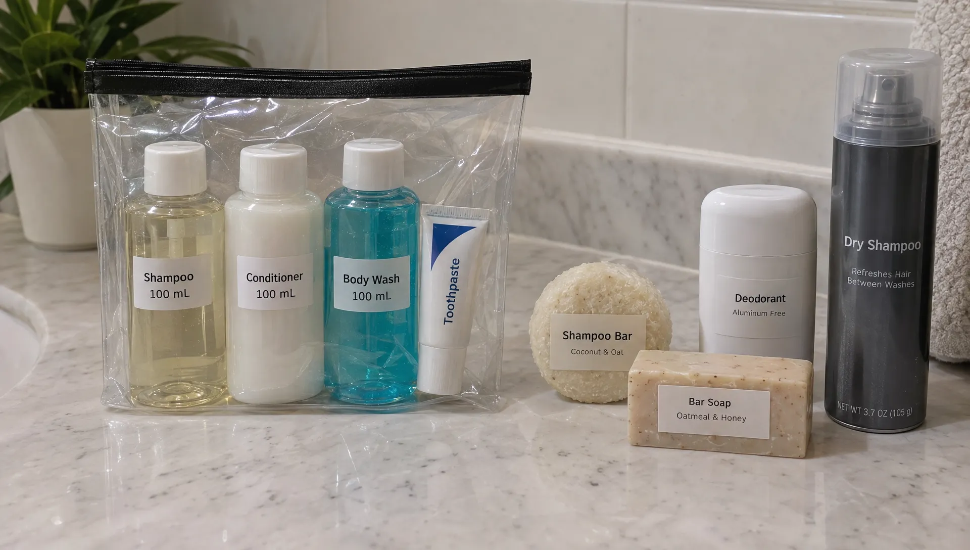 A transparent resealable bag holds labeled 100 mL bottles and a small toothpaste tube beside solid shampoo, bar soap and deodorant, while a capped aerosol sits separately.