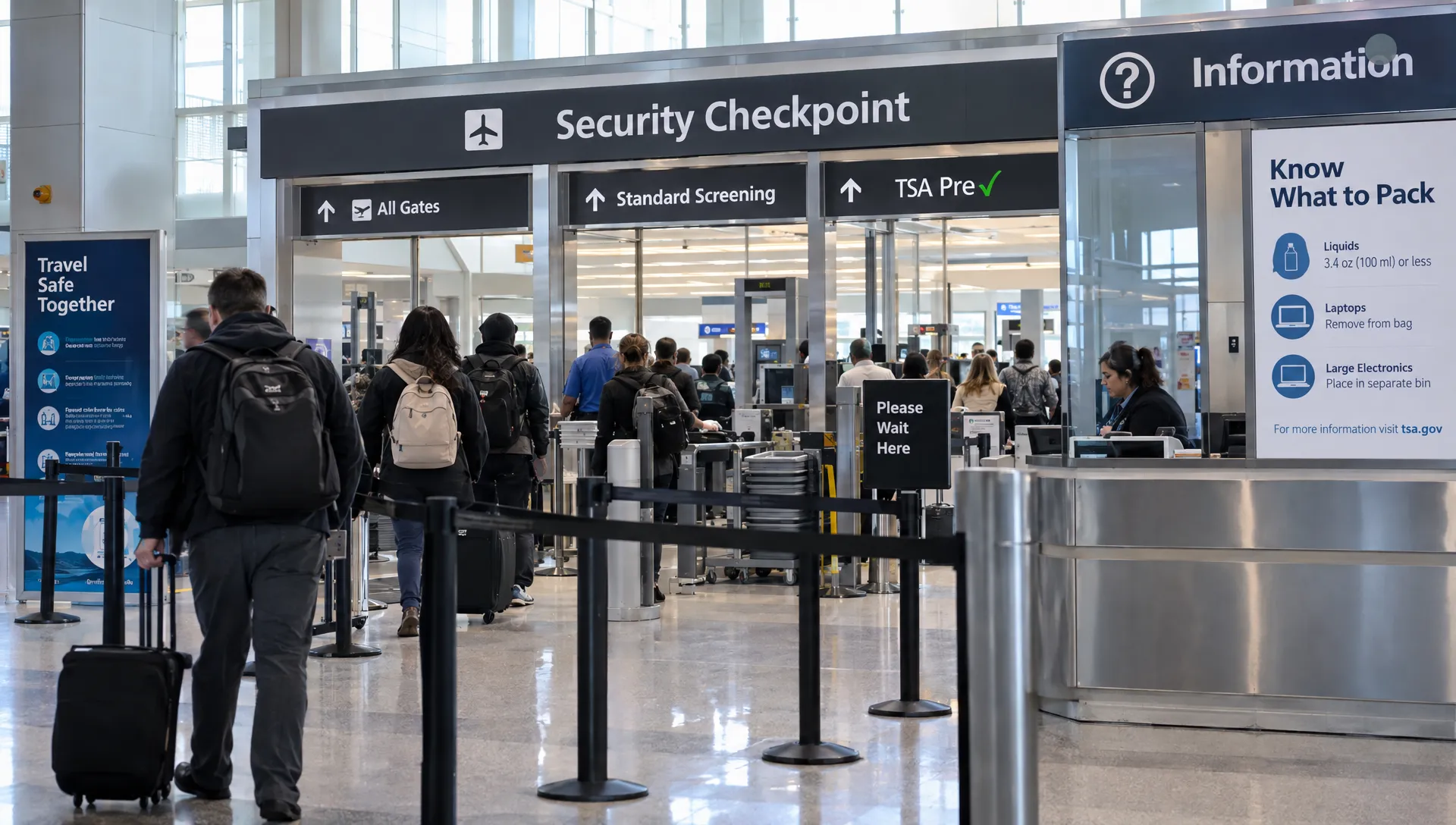 Passengers pass through an airport screening area where cabin baggage rules apply to toiletries and other items.