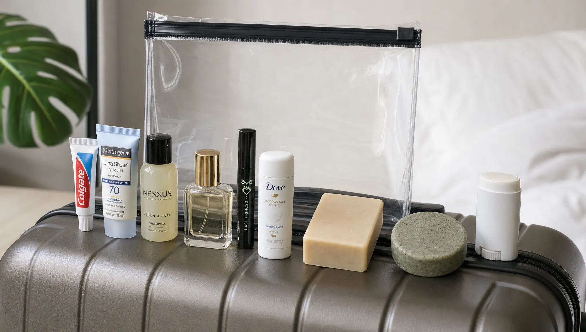 A transparent resealable liquids bag sits on a suitcase with travel-size toothpaste, sunscreen, shampoo, perfume, mascara and deodorant beside bar soap, shampoo bar and a deodorant stick.