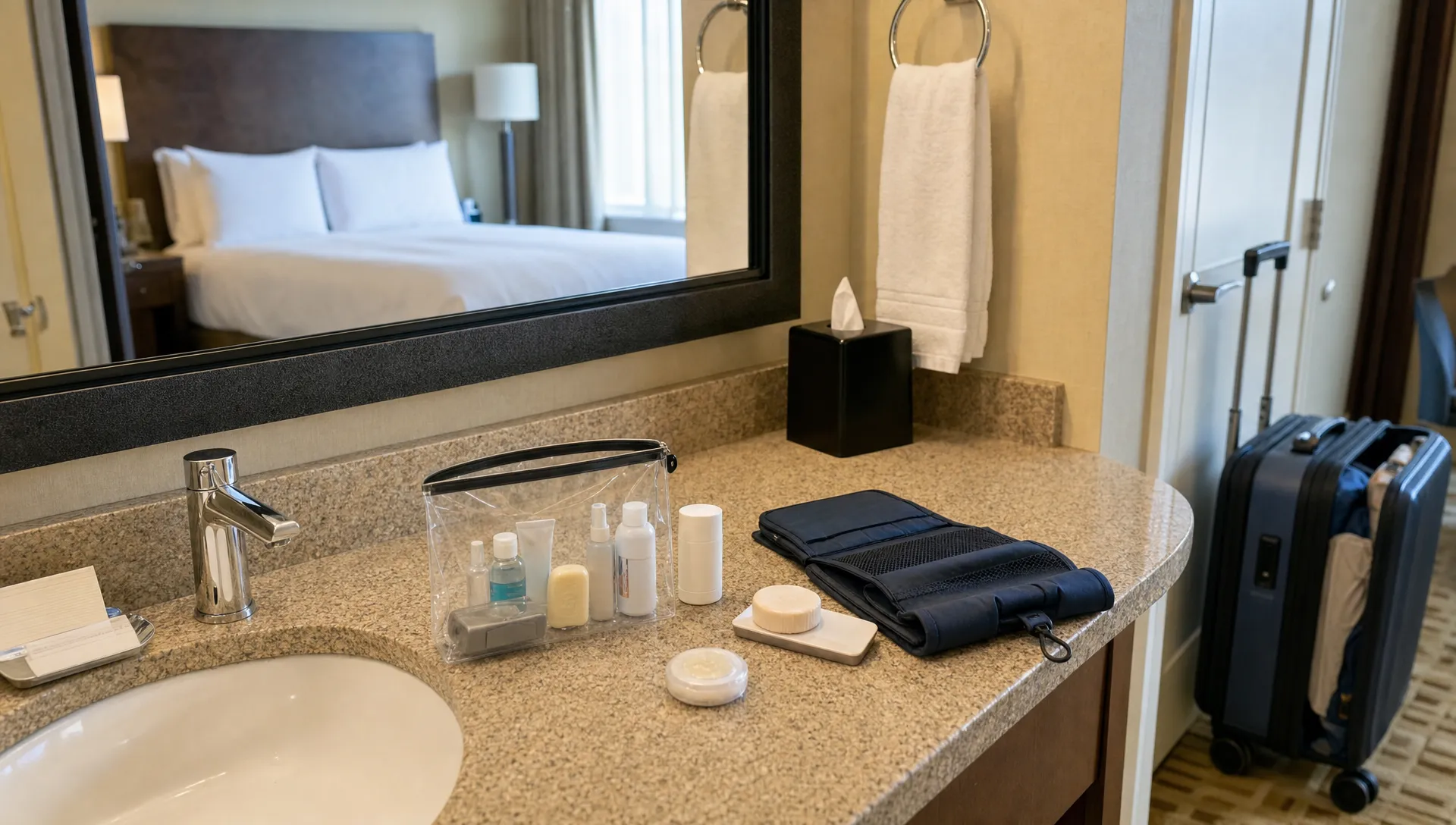 Travel toiletries are spread across a hotel bathroom counter with a clear liquids bag, ready for hand luggage packing.