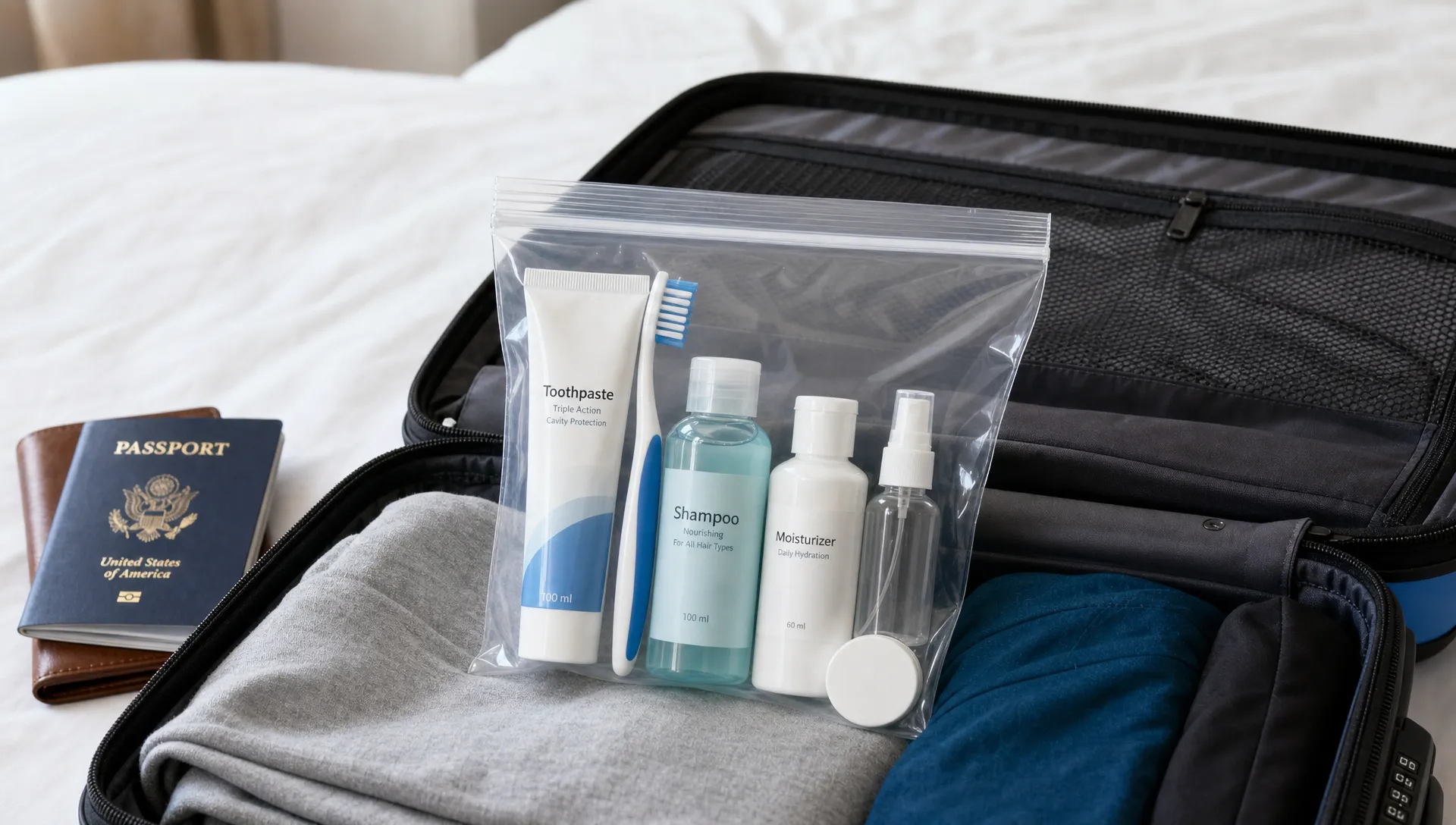 An open carry-on suitcase on a bed with a clear resealable liquids bag holding a travel-size toothpaste tube labeled 100 ml, a toothbrush, a small shampoo bottle, and other compact toiletries neatly packed for airport security.