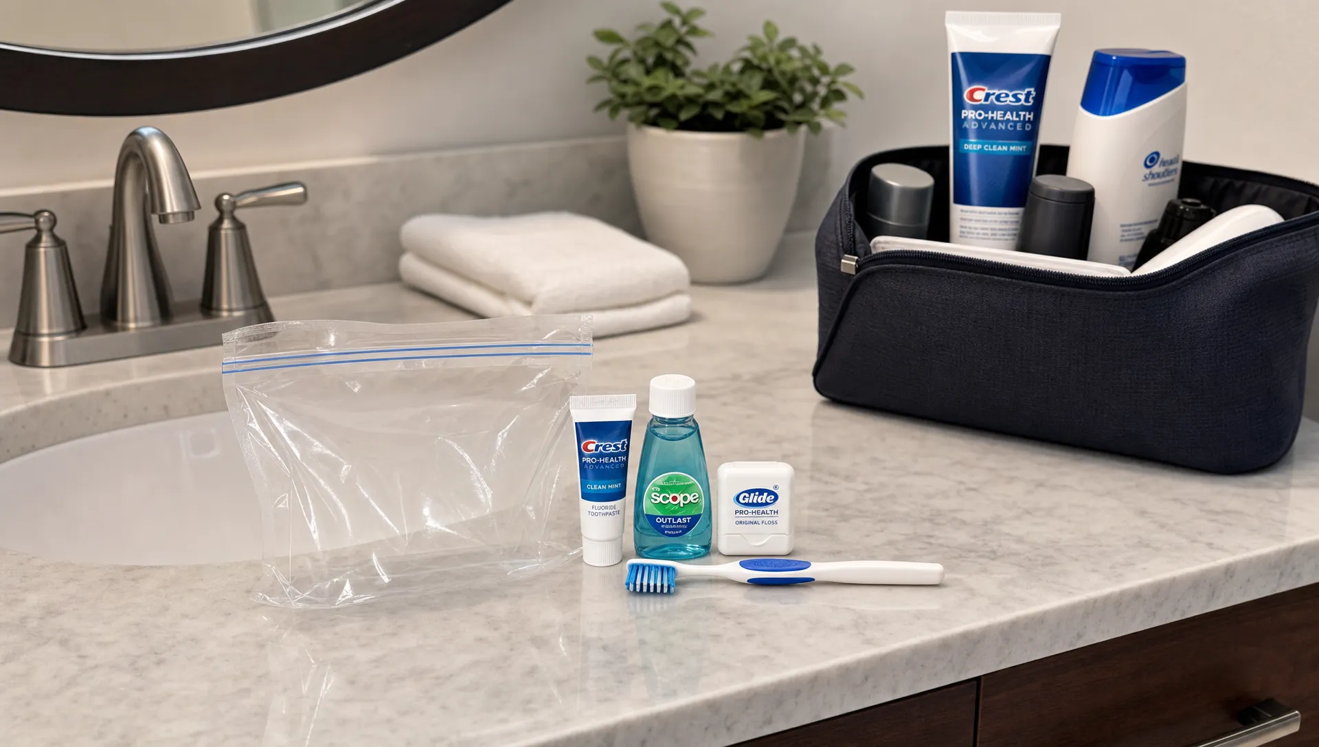 A landscape scene of a bathroom counter beside a sink with a clear resealable liquids bag open and a travel-size toothpaste tube, a toothbrush, and a small oral-care kit arranged next to it, while a full-size toothpaste tube and other larger toiletries sit farther away in a separate toiletry pouch. The scene should feel like practical pre-flight packing for carry-on rules, with the sink, mirror edge, and neatly folded towel in the background.