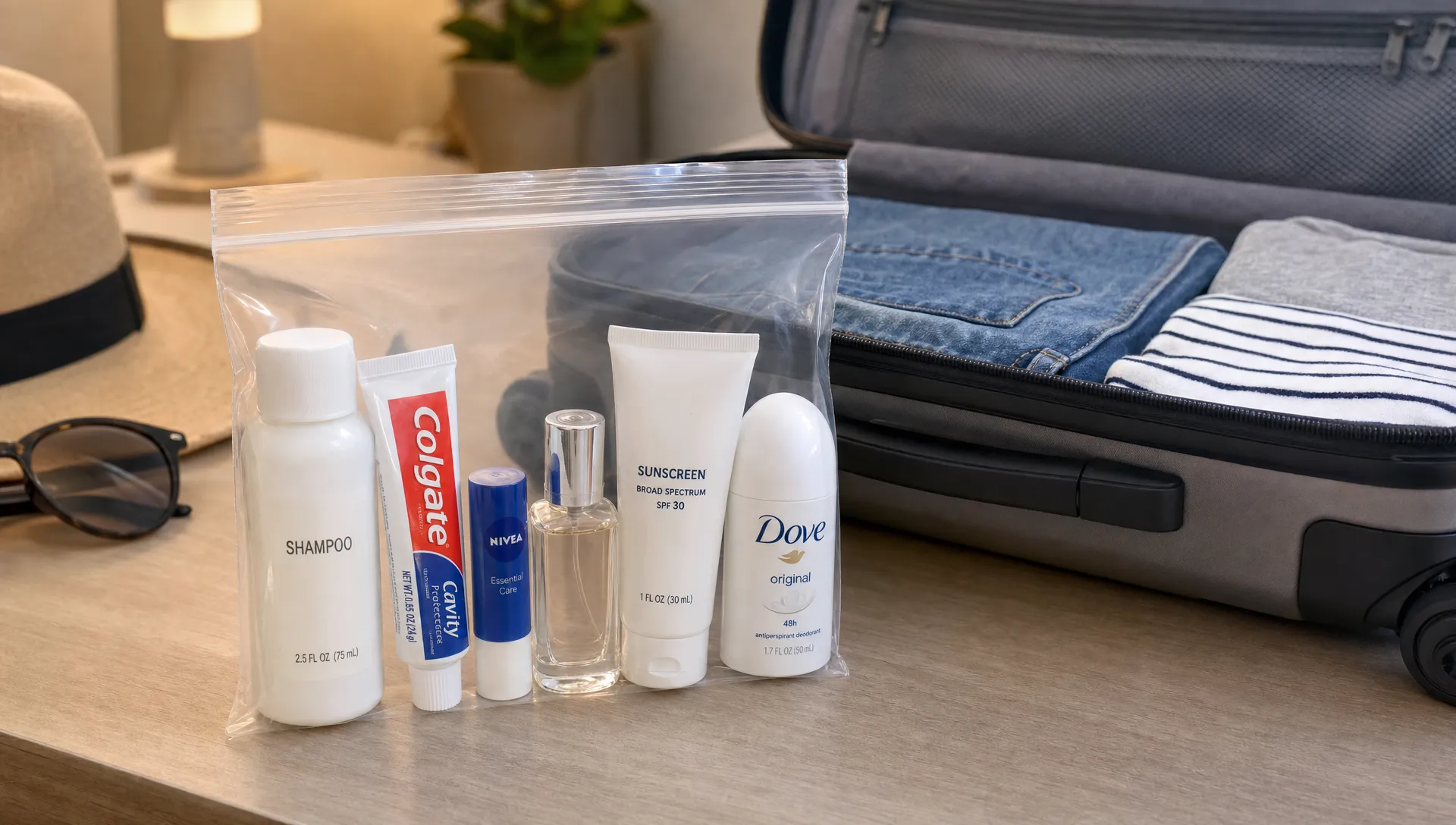 A clear resealable airport liquids bag filled with travel-size shampoo, toothpaste, lip balm, small perfume, sunscreen, and roll-on deodorant beside an open carry-on suitcase on a packing table.