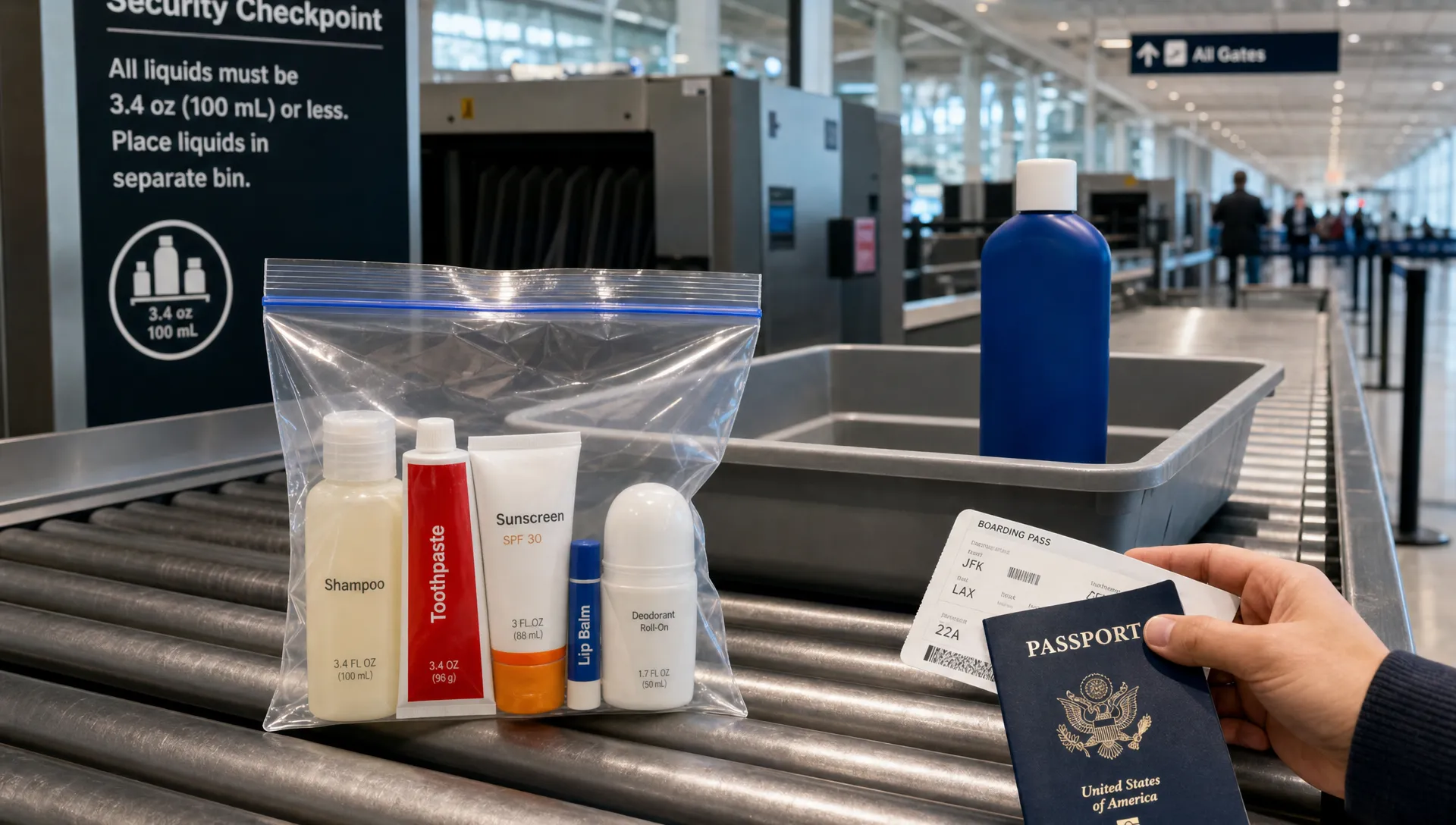 A landscape scene on an airport security conveyor with a transparent liquids bag containing travel-size shampoo, toothpaste, sunscreen, lip balm, and roll-on deodorant in the foreground, while a larger toiletry bottle is set aside in a separate tray for checked baggage. A traveler’s hand holds a passport and boarding pass near the tray, and the background shows a modern security lane and terminal corridor, emphasizing the need to follow the strictest liquid rule on a trip.