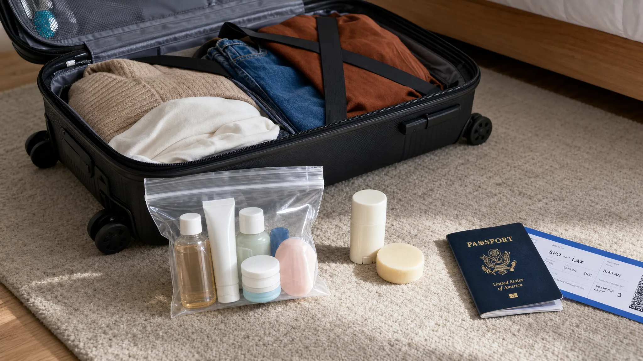 An open carry-on suitcase on a bedroom floor with travel-size toiletries grouped in a clear resealable bag, a few solid toiletries set beside them, and a passport and boarding pass nearby.