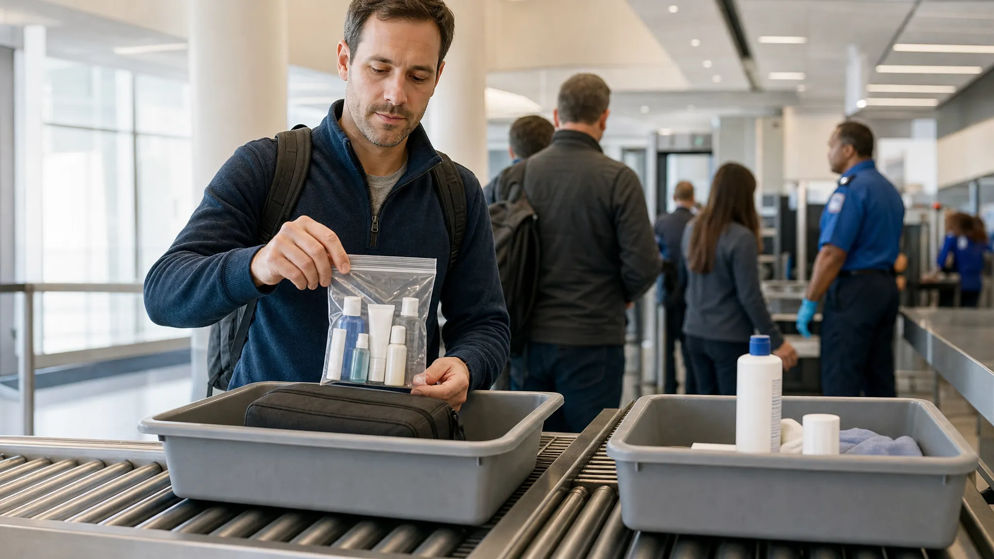 A landscape scene in an airport security area showing a traveler placing a clear resealable liquids bag and a small carry-on tray on the conveyor while a second tray with a larger toiletry bottle sits to the side, suggesting a decision between cabin and checked packing. The background includes a security lane and subtle checkpoint equipment, with no readable signage and no screens visible.