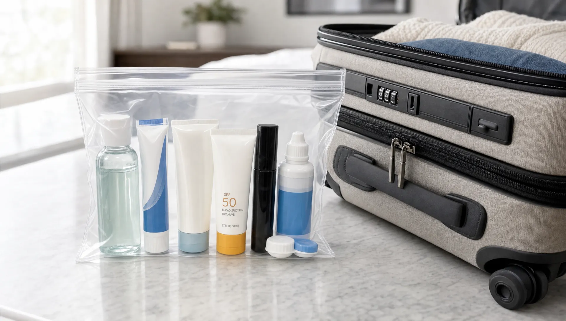 A clear resealable liquids bag beside a weekend carry-on holds travel-size shampoo, toothpaste, moisturizer, sunscreen, mascara and contact lens solution.