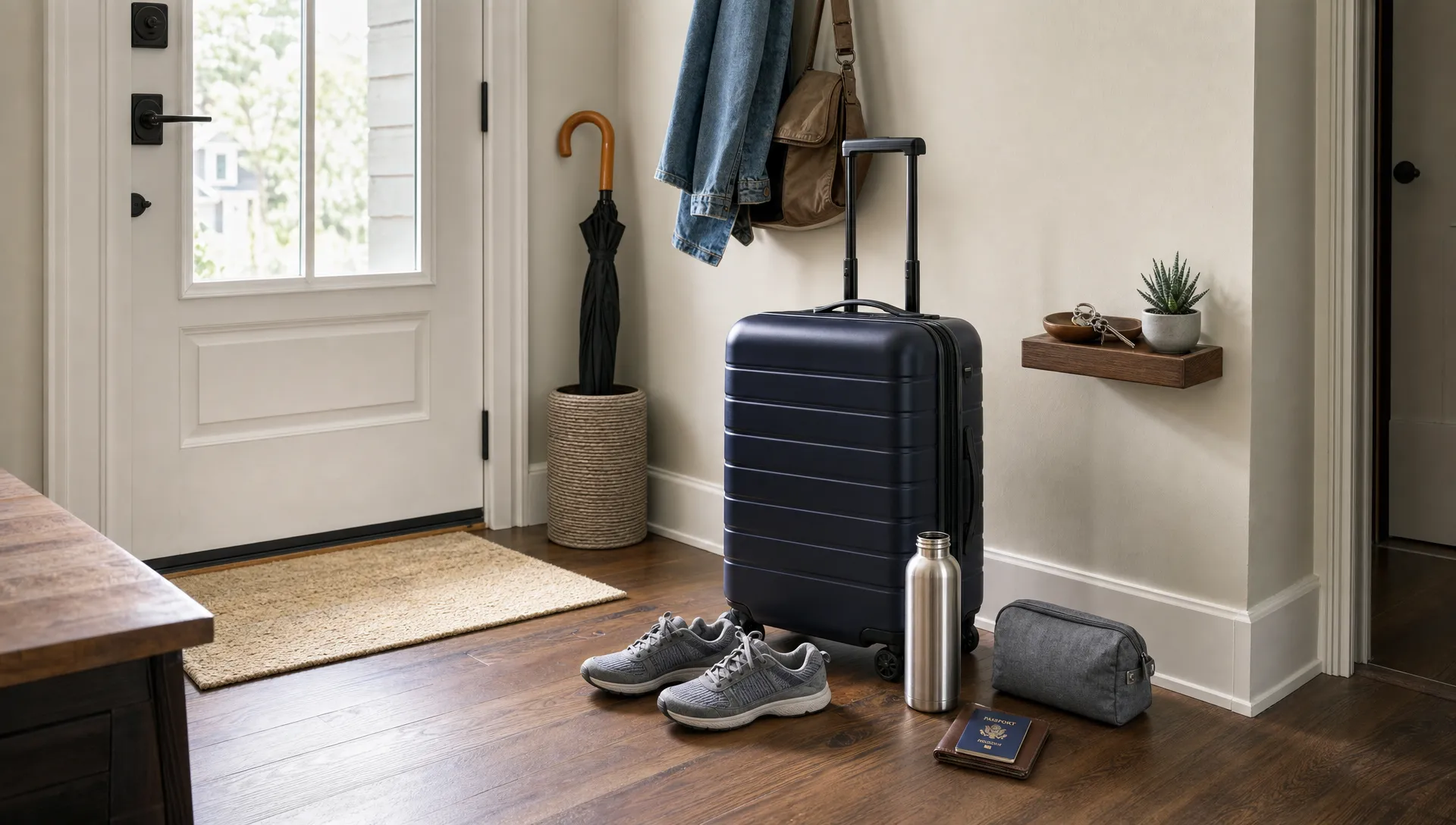 A weekend carry-on by the front door includes a toiletries pouch and an empty water bottle.