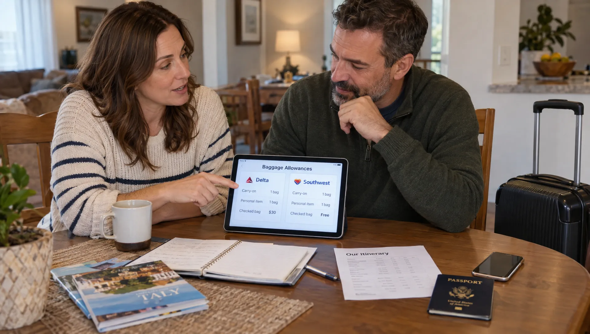 Two travelers compare flight details at home before deciding which hand luggage each airline allows.