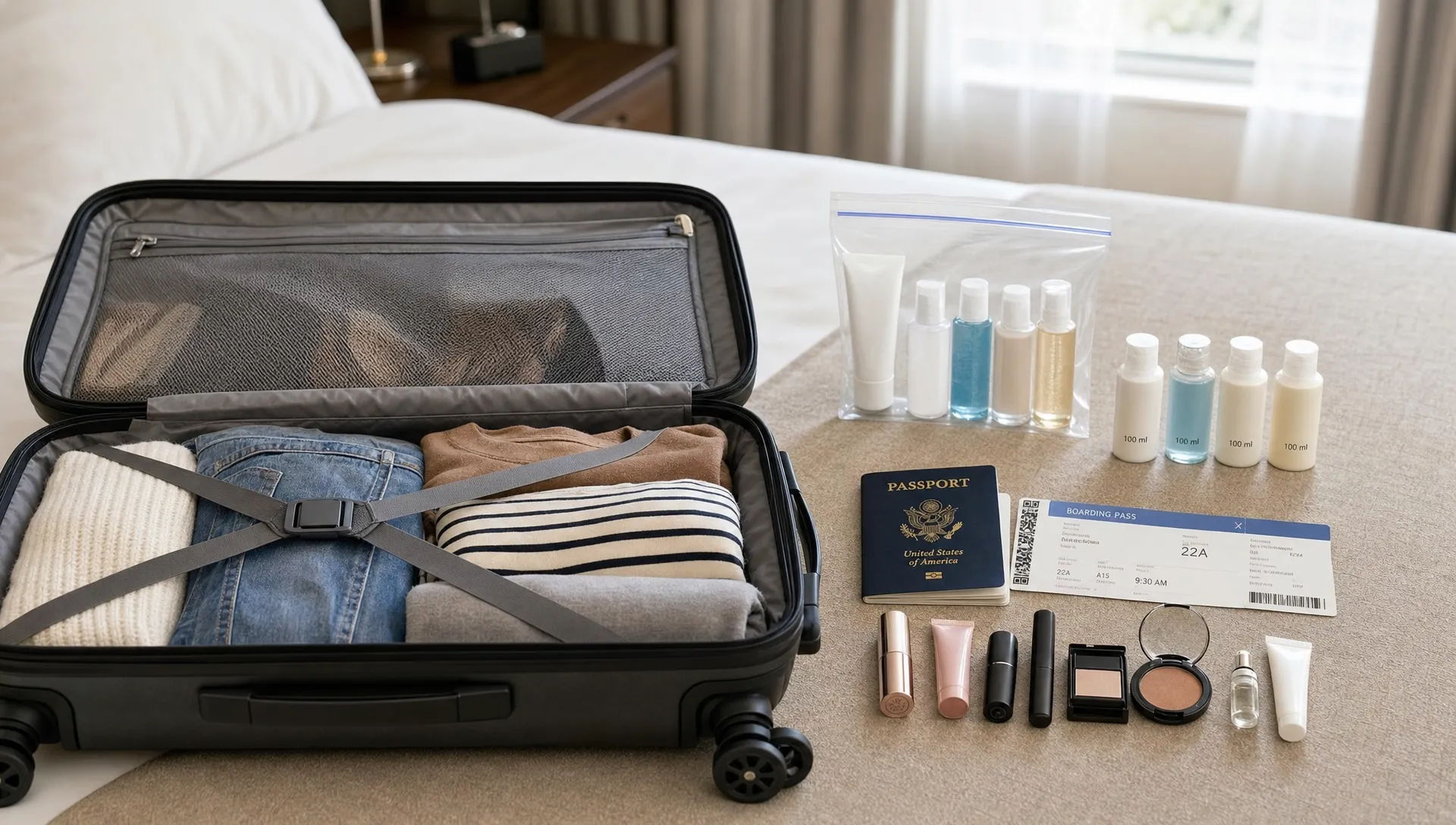 A neatly packed carry-on bag open beside a hotel bed with a clear resealable liquids bag, small 100 ml toiletry bottles, a passport, a boarding pass, and travel-size cosmetics arranged in separate groups.