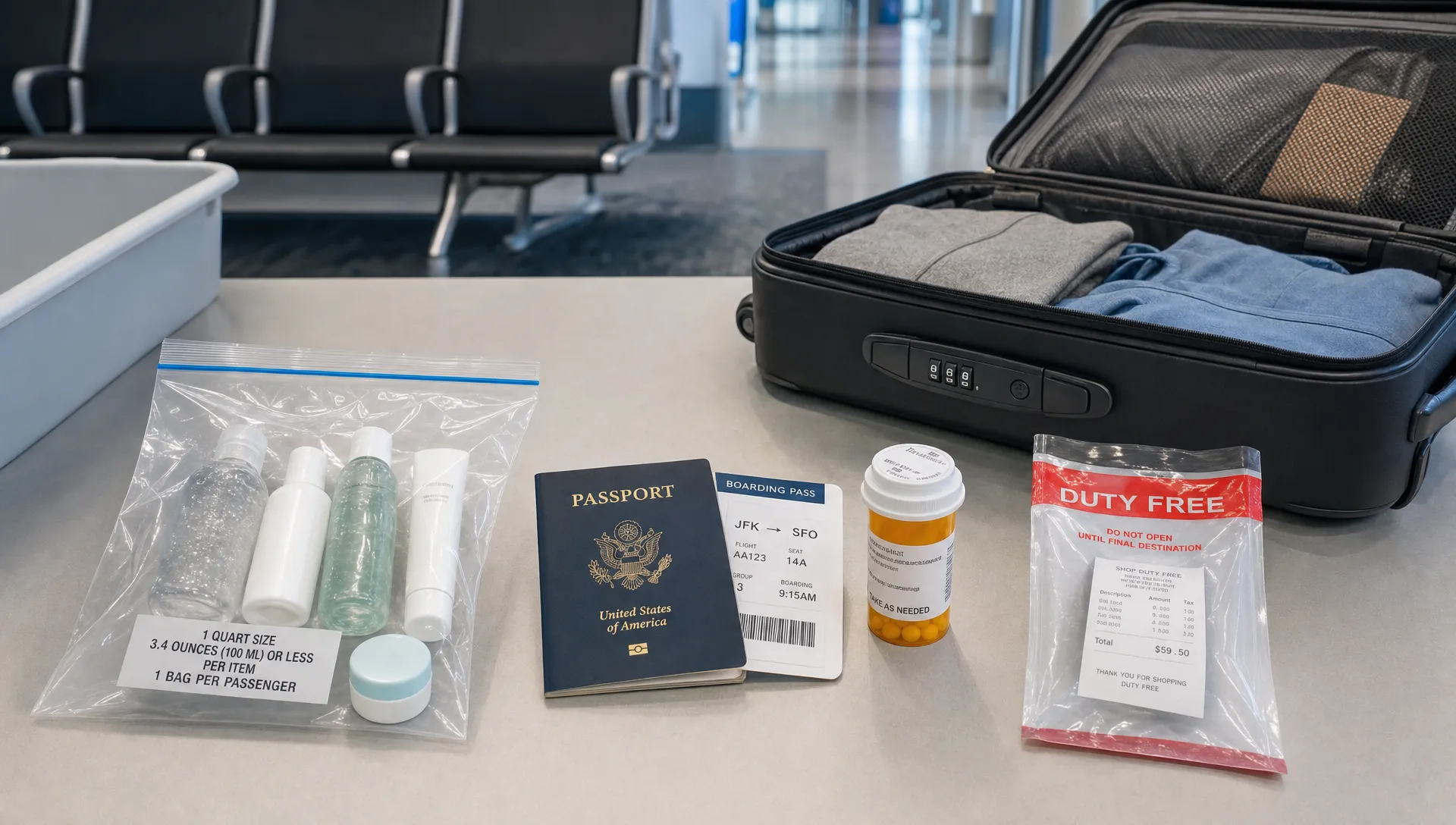 A landscape scene of an overhead airport security prep table with a clear resealable liquids bag containing small toiletry bottles, a passport, a boarding pass, a medication bottle, and a sealed duty-free bag with receipt laid out in separate groups. A carry-on suitcase is open nearby, and the background shows a simple terminal bench and soft airport corridor shapes, emphasizing checking the strictest liquid rule for a trip with multiple checkpoints.