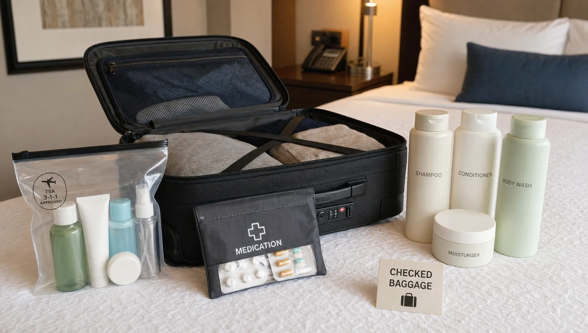 A neatly organized packing scene with a clear resealable liquids bag containing travel-size toiletries, a carry-on suitcase, a labeled medication pouch, and full-size bottles set apart for checked luggage on a hotel room bed.
