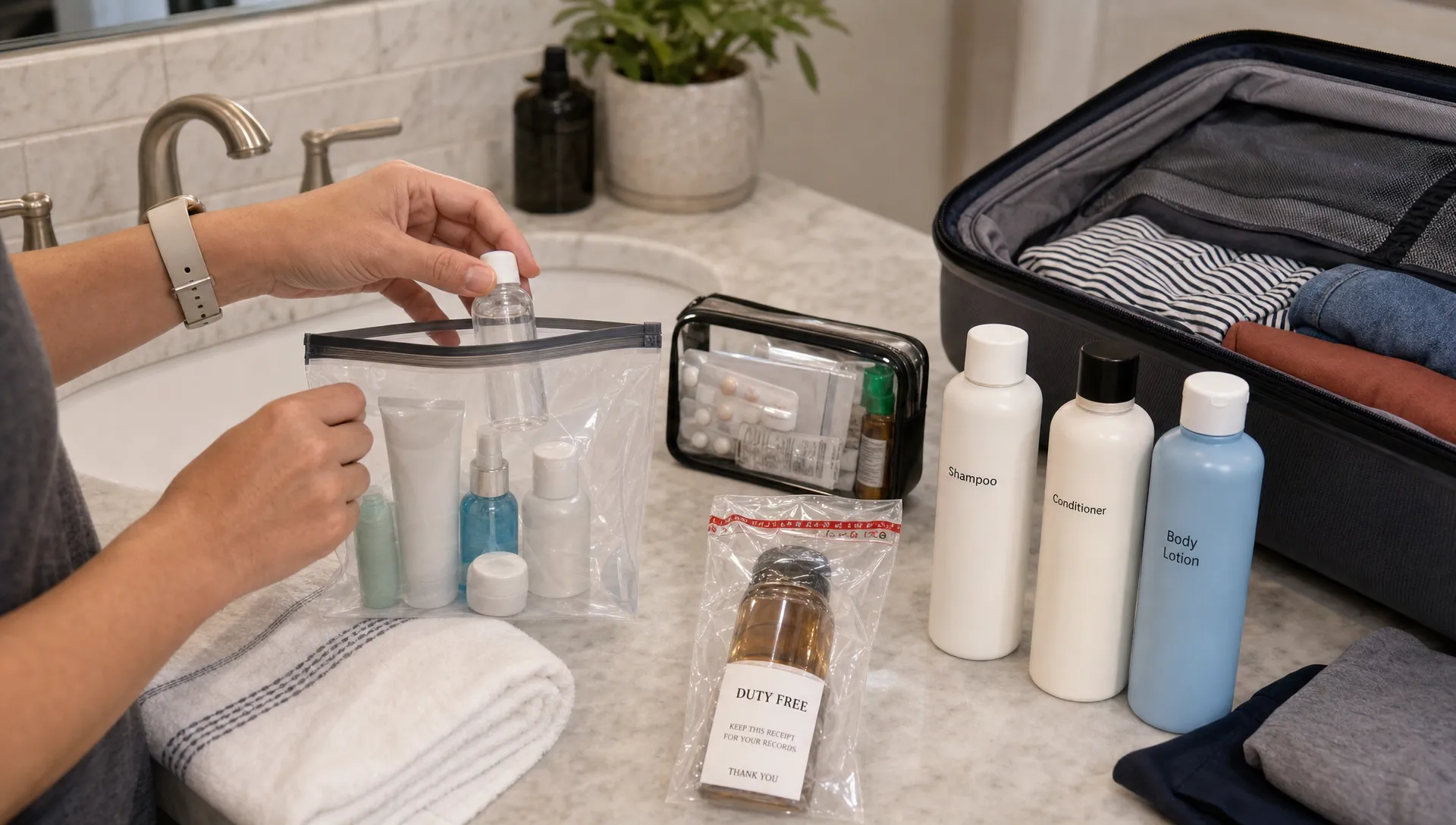 A landscape packing scene in a home bathroom or vanity area showing a traveler’s hands organizing liquids into a clear resealable bag beside a sink, with travel-size toiletries, a medicine pouch, a sealed duty-free bottle with receipt, and larger bottles set apart near an open suitcase. The composition should feel practical and slightly urgent, emphasizing sorting items by what can go in cabin baggage versus what belongs in checked luggage, with no airport signage or screens visible.