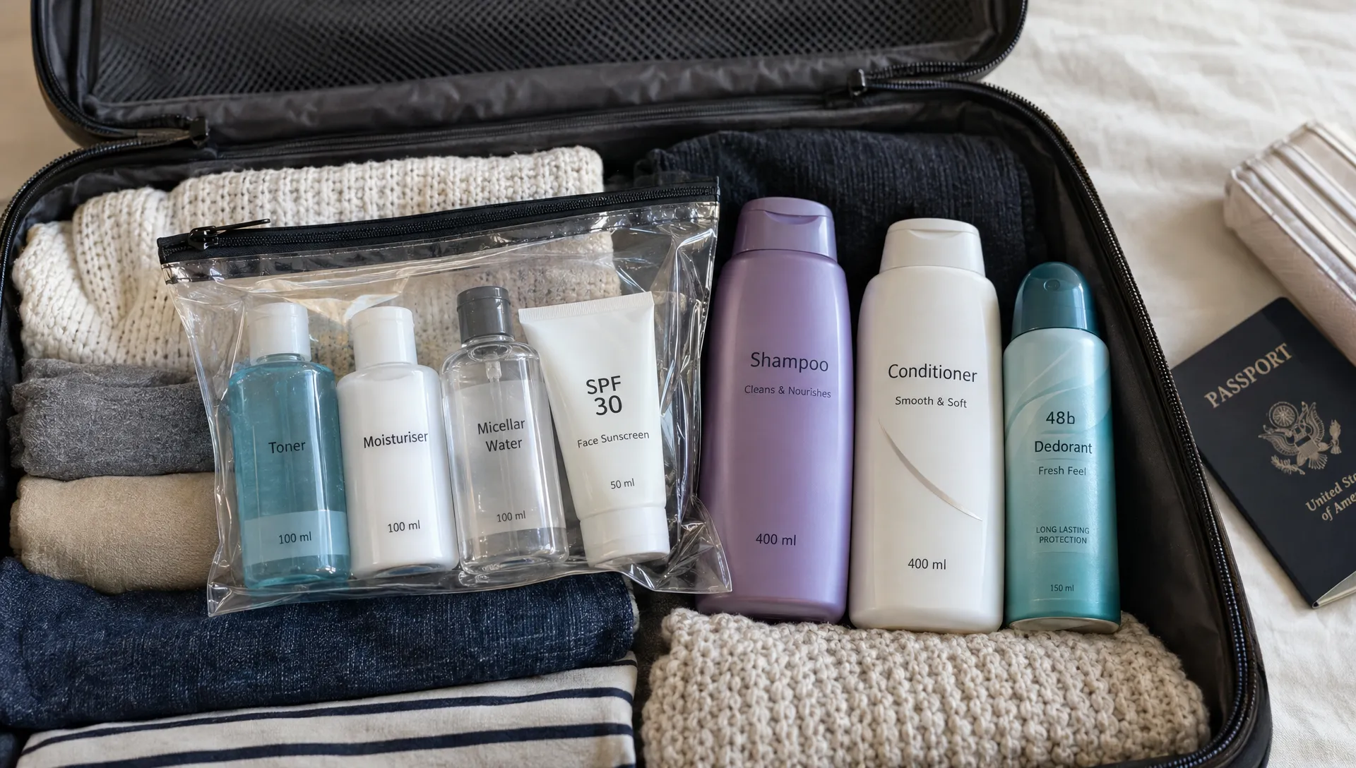 A transparent resealable cabin liquids bag holds labeled bottles of 100 ml or less beside larger shampoo bottles and a capped aerosol deodorant packed in an open checked suitcase.