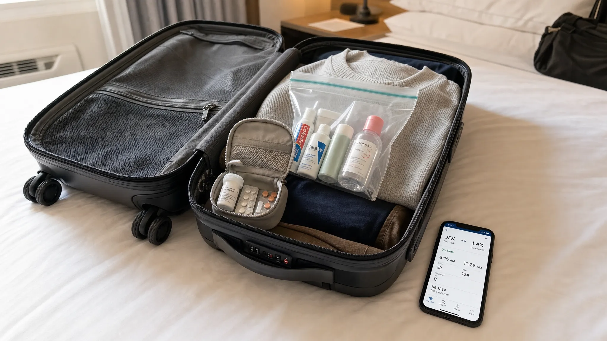 A carry-on suitcase open on a hotel bed with a clear resealable liquids bag, travel-size toiletries, a small medication pouch, and a phone lying flat with its screen facing upward showing an airport route check.