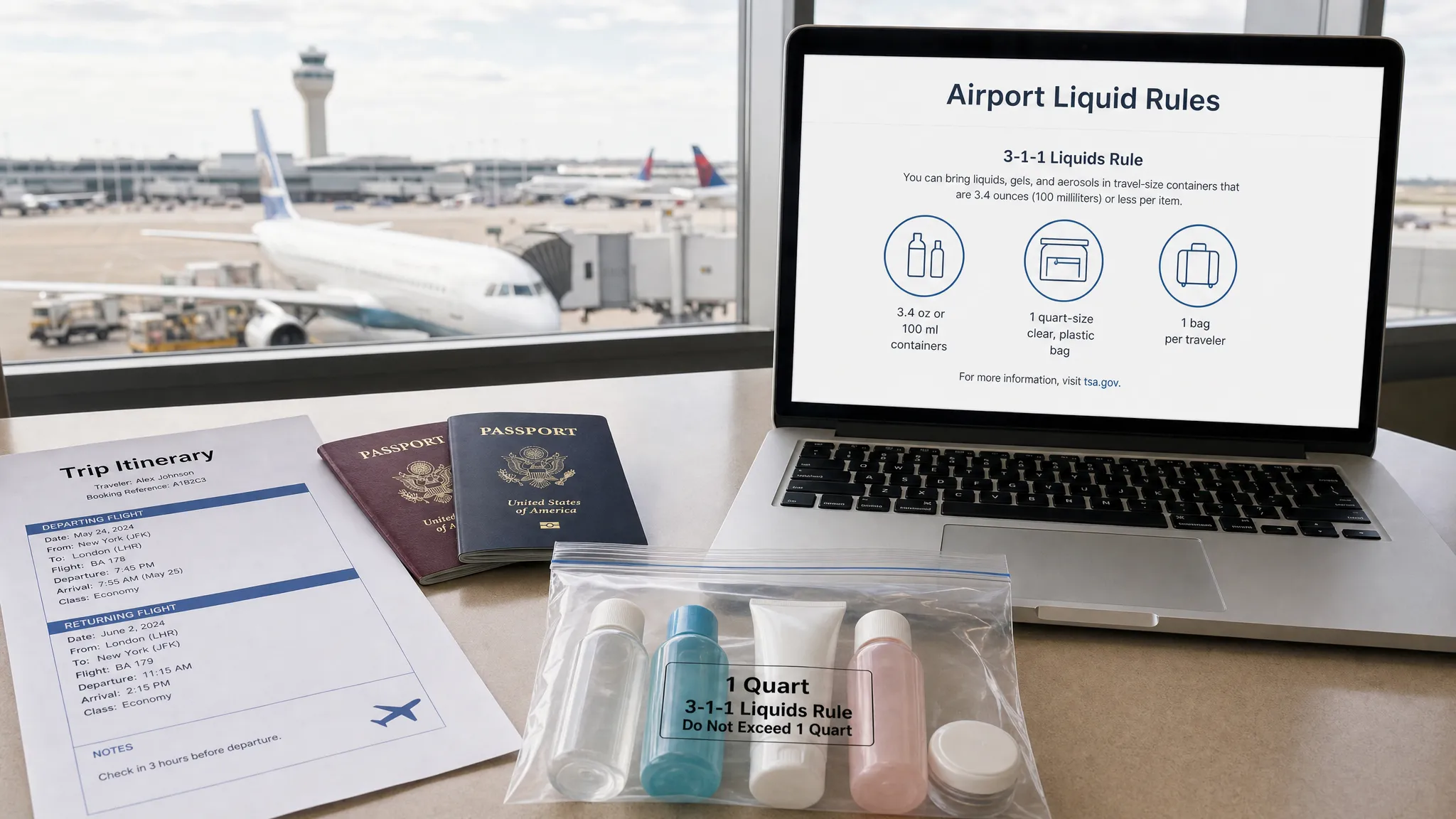 A wide airport planning scene on a table near a window, with a printed trip itinerary, two passport covers, a small group of travel-size toiletry bottles, a sealed clear liquids bag, and a laptop showing an airport liquid rules lookup page facing the camera, with no other content visible on the screen.