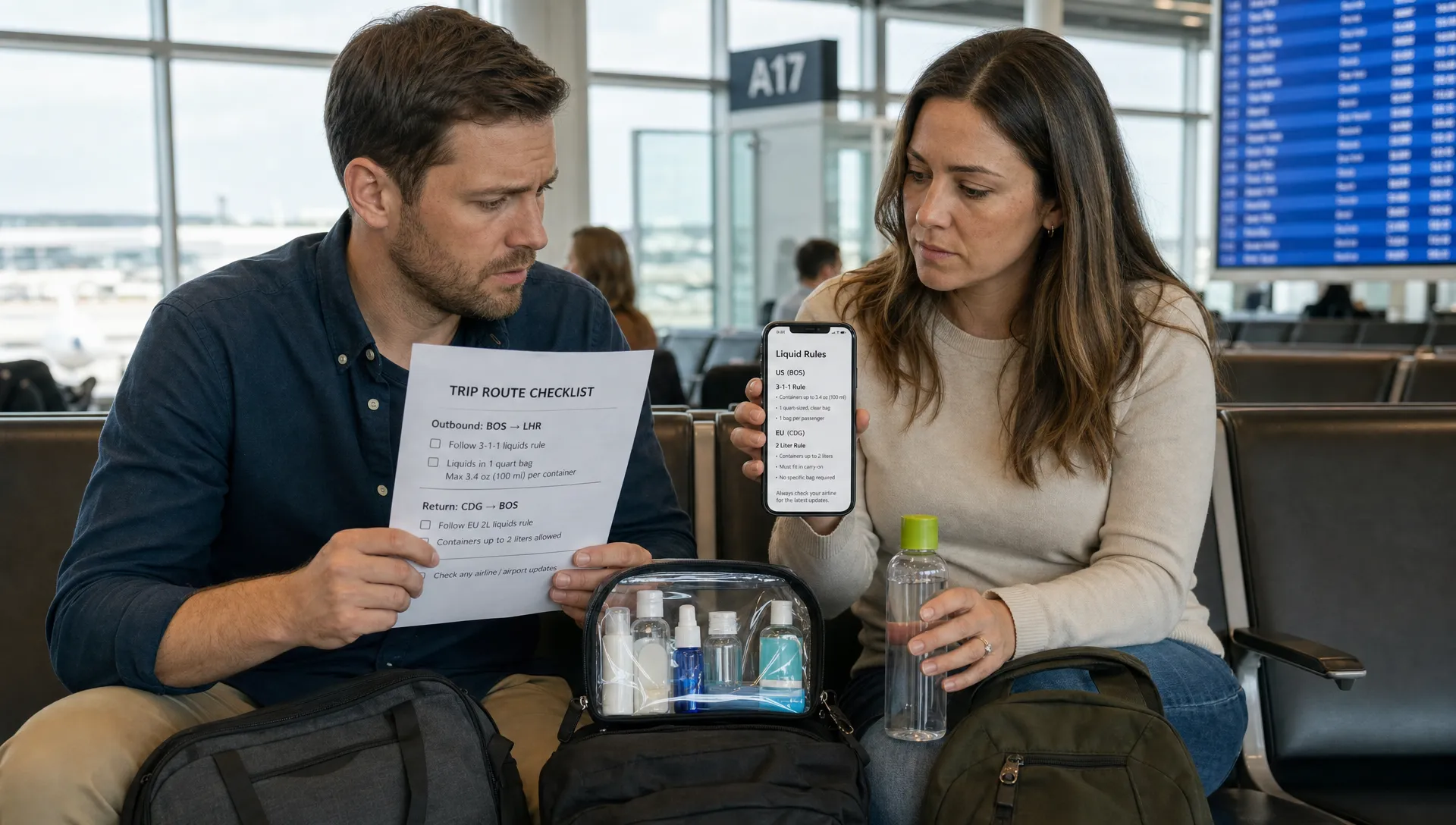 Two travelers compare a route checklist and liquid rules at a gate bench beside an open toiletry pouch and a full-size bottle.