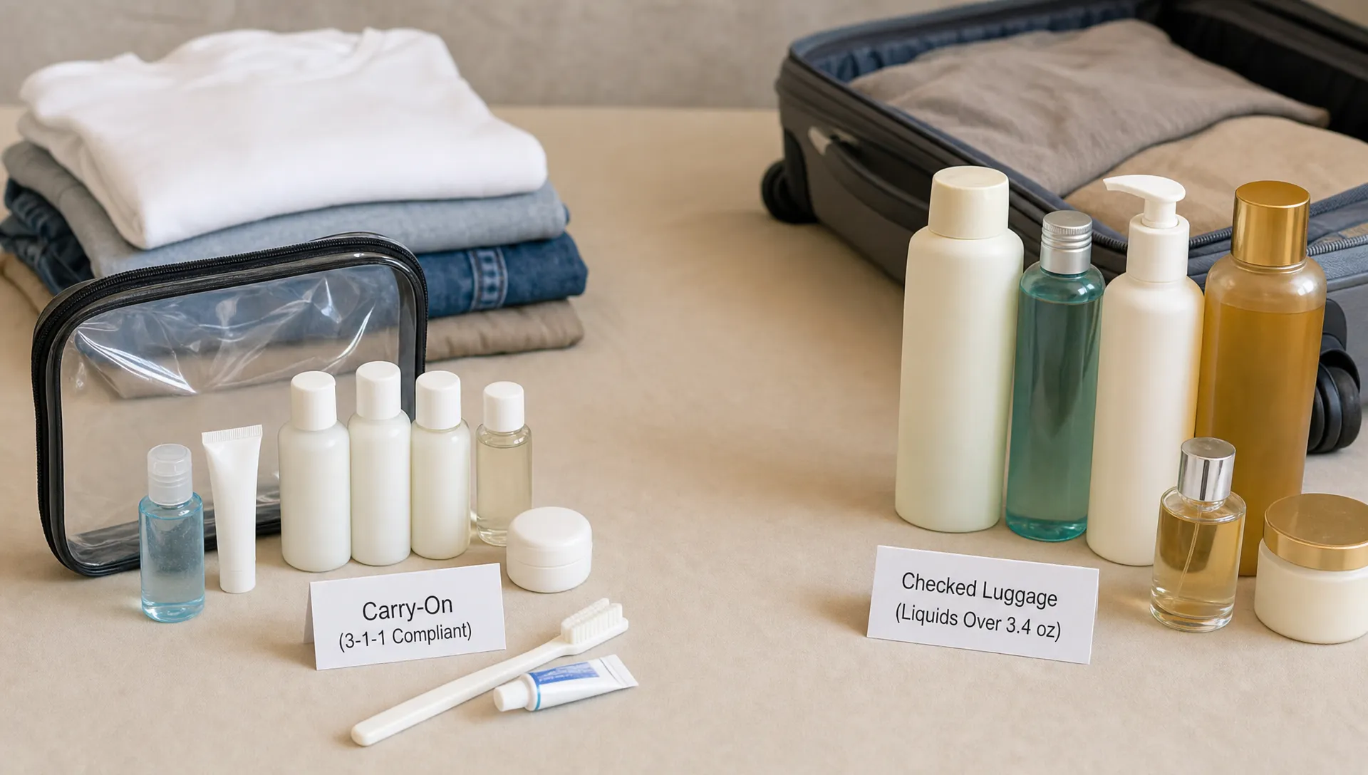 Travel toiletries are sorted for a round trip, with small bottles kept for cabin bag use and larger souvenir liquids set aside for checked luggage.