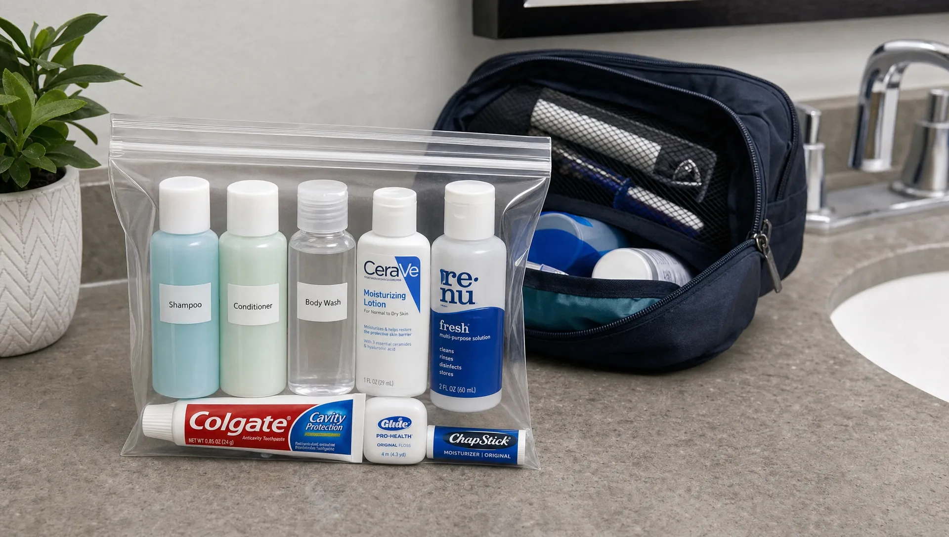 A neatly packed clear resealable bag with travel-size toiletries, small bottles, toothpaste, lip balm, and contact lens solution arranged on a bathroom countertop beside an open toiletry case.