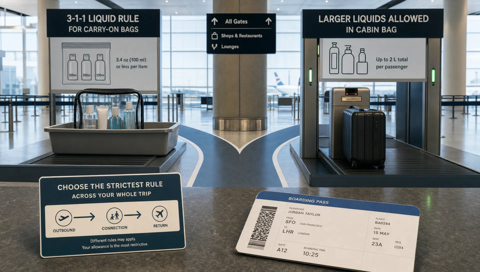 A wide conceptual scene showing two adjacent airport security lanes represented by a split path: one lane has a small clear liquids bag with 100ml bottles and a bin tray, while the other lane has a larger cabin-bag liquid allowance sign and a scanner unit. In the foreground, a route card with outbound, connection, and return arrows sits beside a folded boarding pass, making the image feel like choosing the strictest rule across the whole trip rather than packing toiletries at home or showing a security inspection close-up.