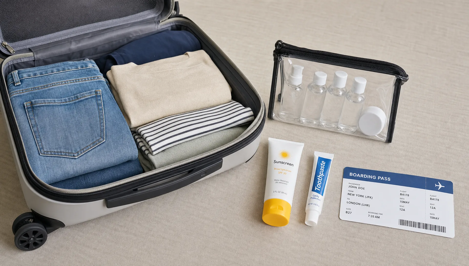 An open carry-on sits beside 100ml travel bottles, a clear liquids bag, sunscreen, toothpaste and a boarding pass on a packing surface.
