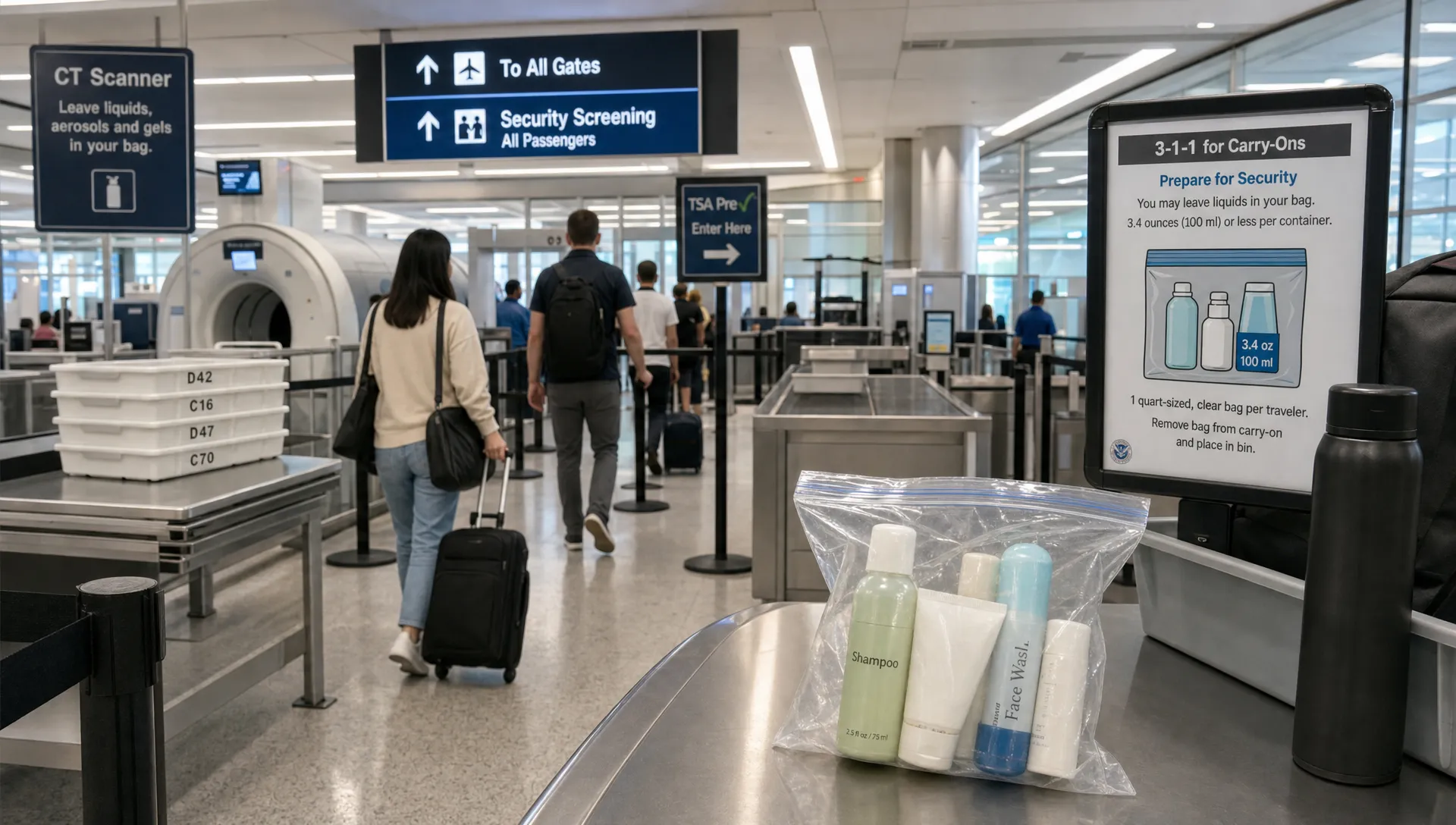 A modern airport security checkpoint shows a CT scanner lane where cabin liquid rules are enforced.