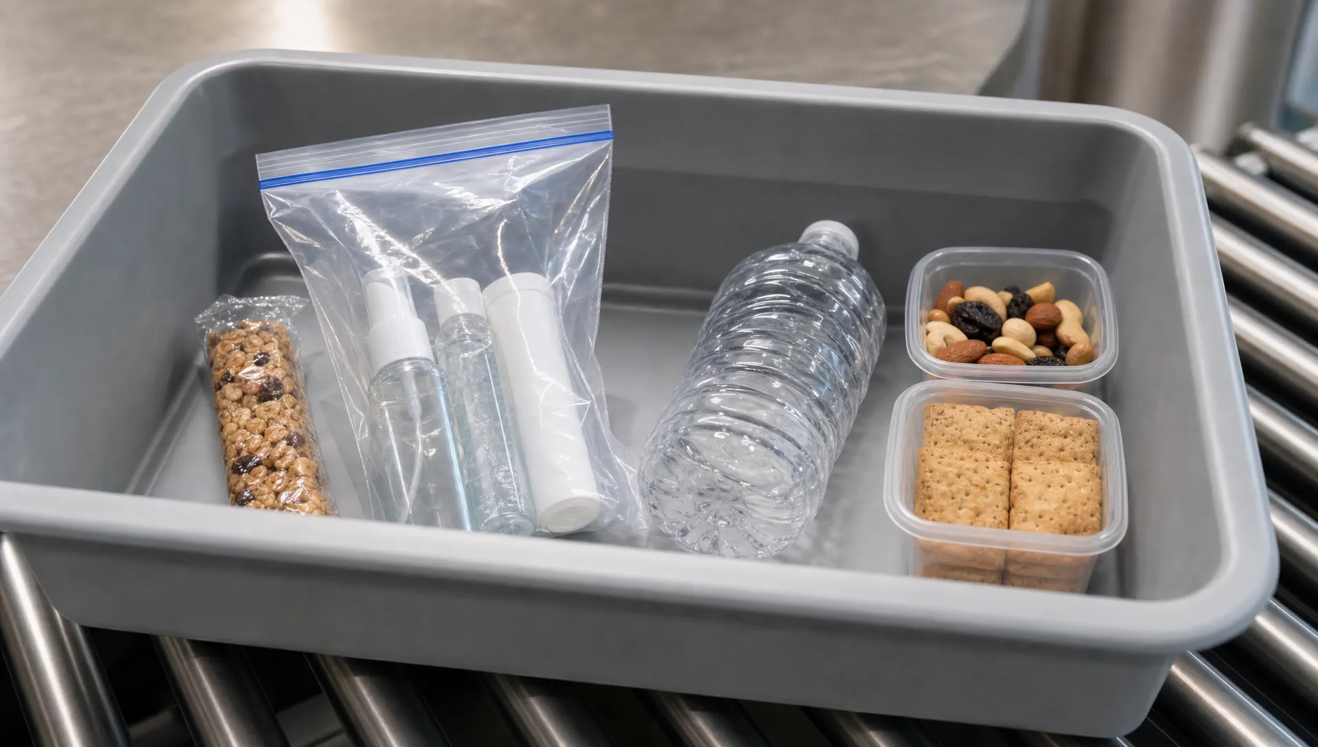 A security tray holds solid snacks, a clear liquids bag, an empty water bottle and small food containers separated for screening.