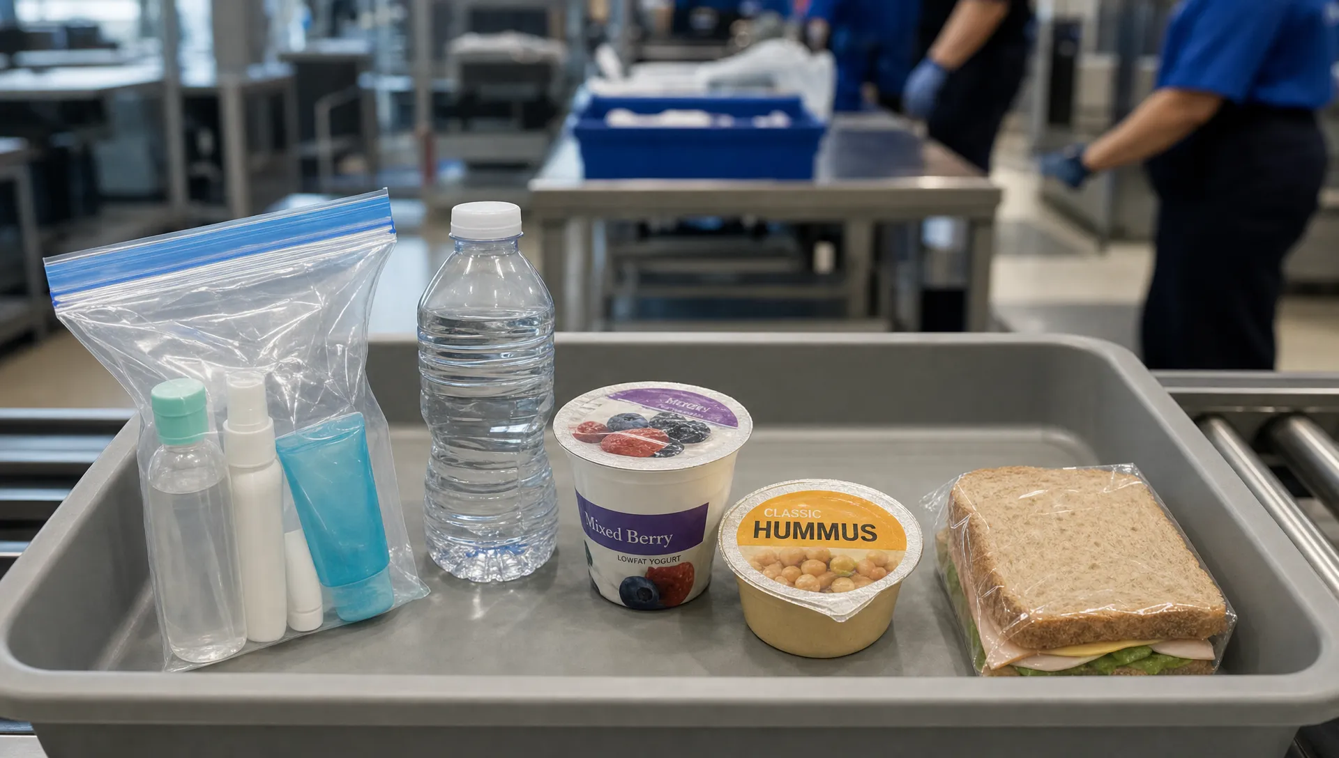 A security tray holds a liquids bag, yogurt, hummus and a sandwich at airport screening.